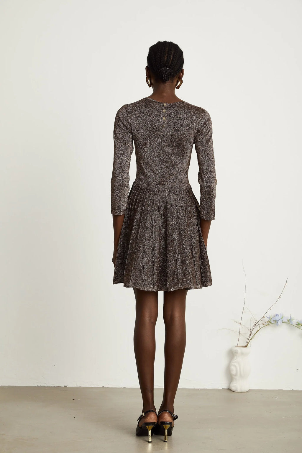 Lucrezia Mini Dress Barley Brown Ribbed Metallic Flare Hem