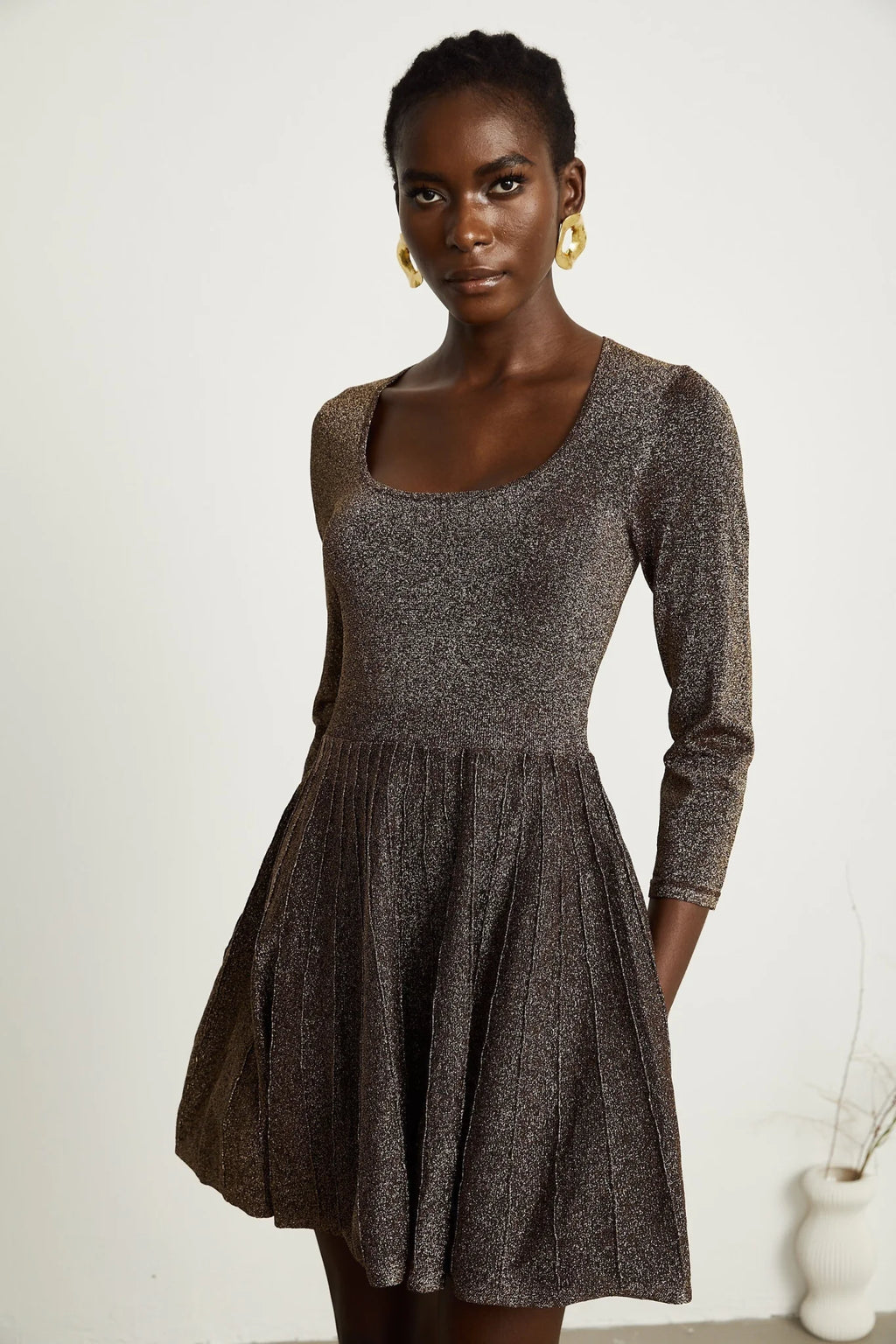 Lucrezia Mini Dress Barley Brown Ribbed Metallic Flare Hem