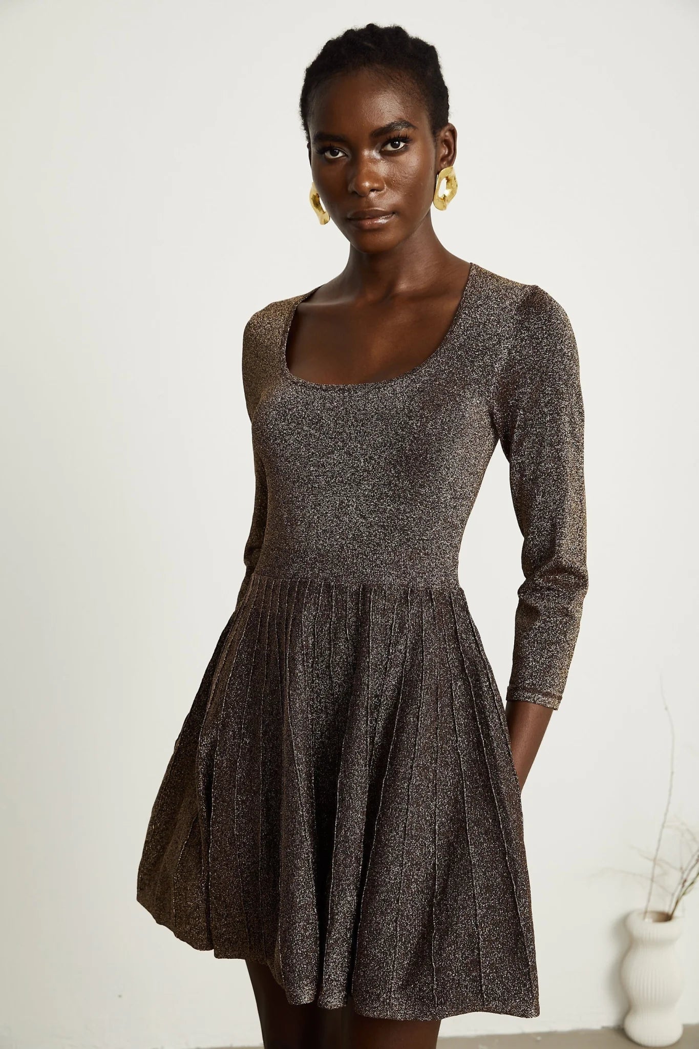 Lucrezia Mini Dress Barley Brown Ribbed Metallic Flare Hem
