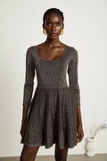 Lucrezia Mini Dress Barley Brown Ribbed Metallic Flare Hem