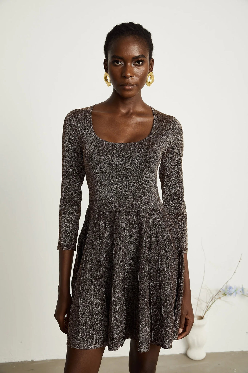 Lucrezia Mini Dress Barley Brown Ribbed Metallic Flare Hem