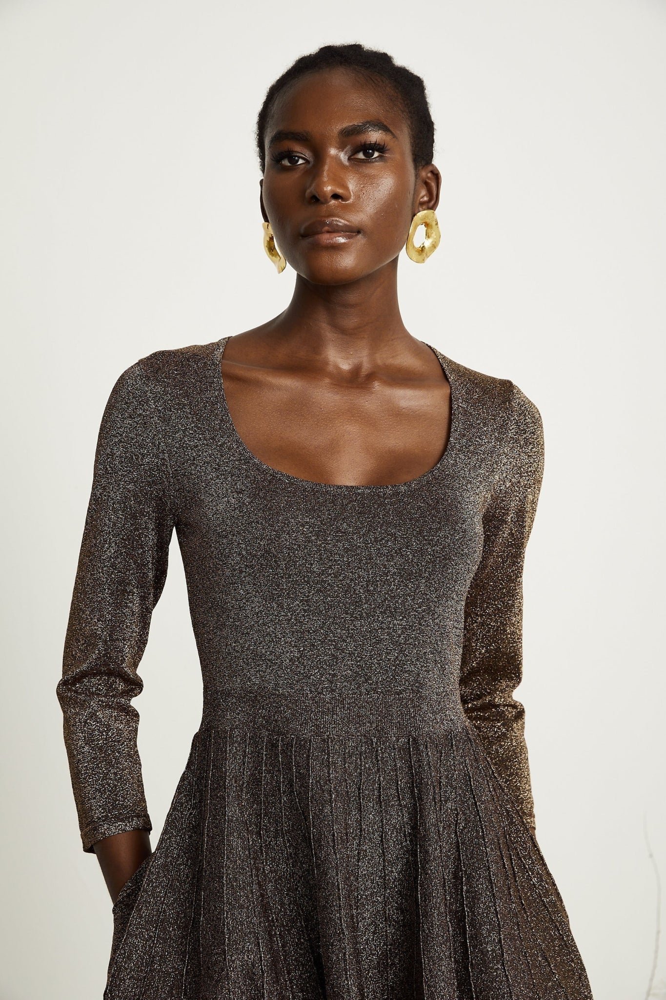 Lucrezia Mini Dress Barley Brown Ribbed Metallic Flare Hem