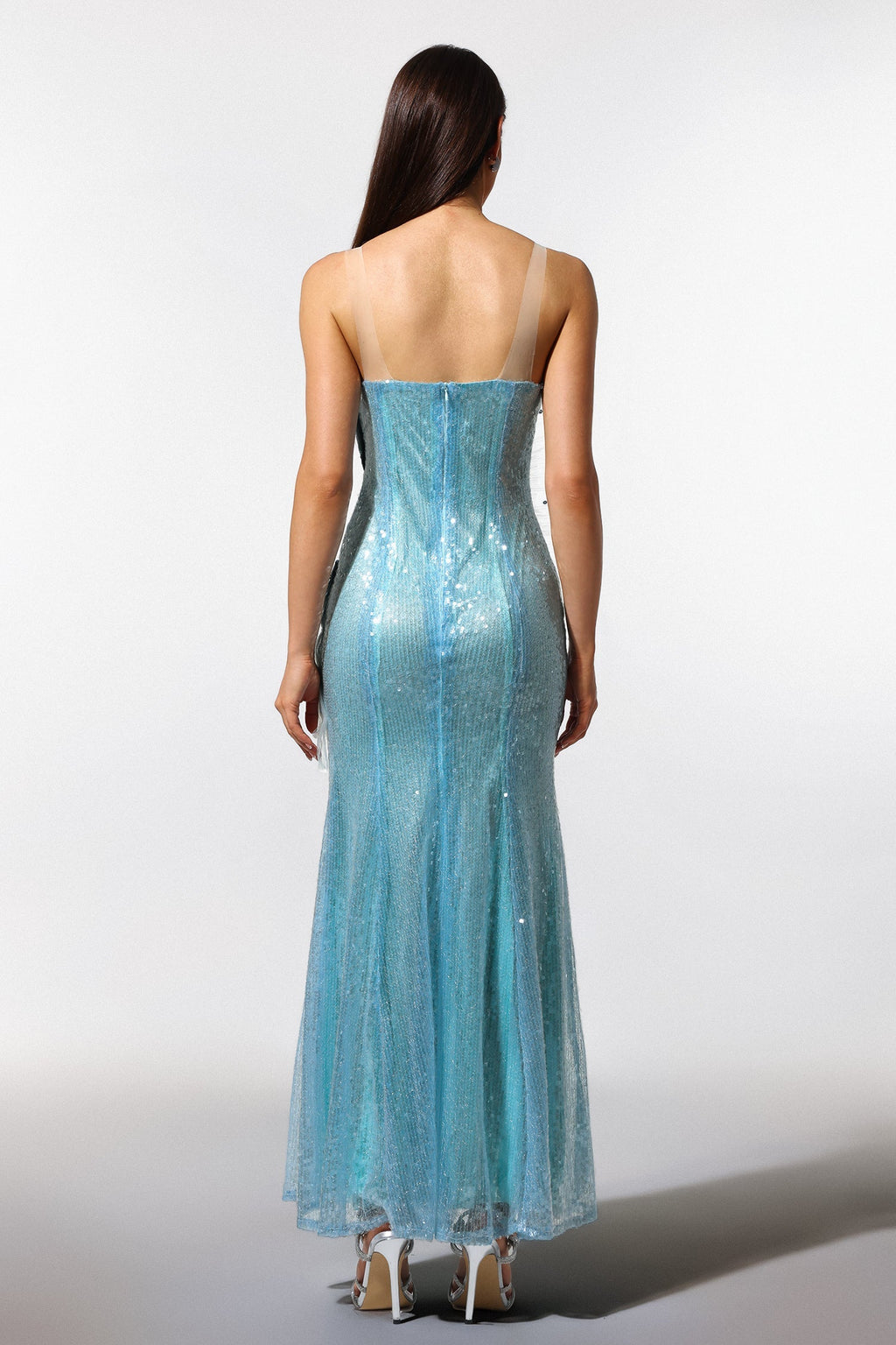 Lucy Blue Sleeveless Maxi Dress with Fish Tail Silhouette Sequin Detailing Fit Feel and Unique Neckline Design