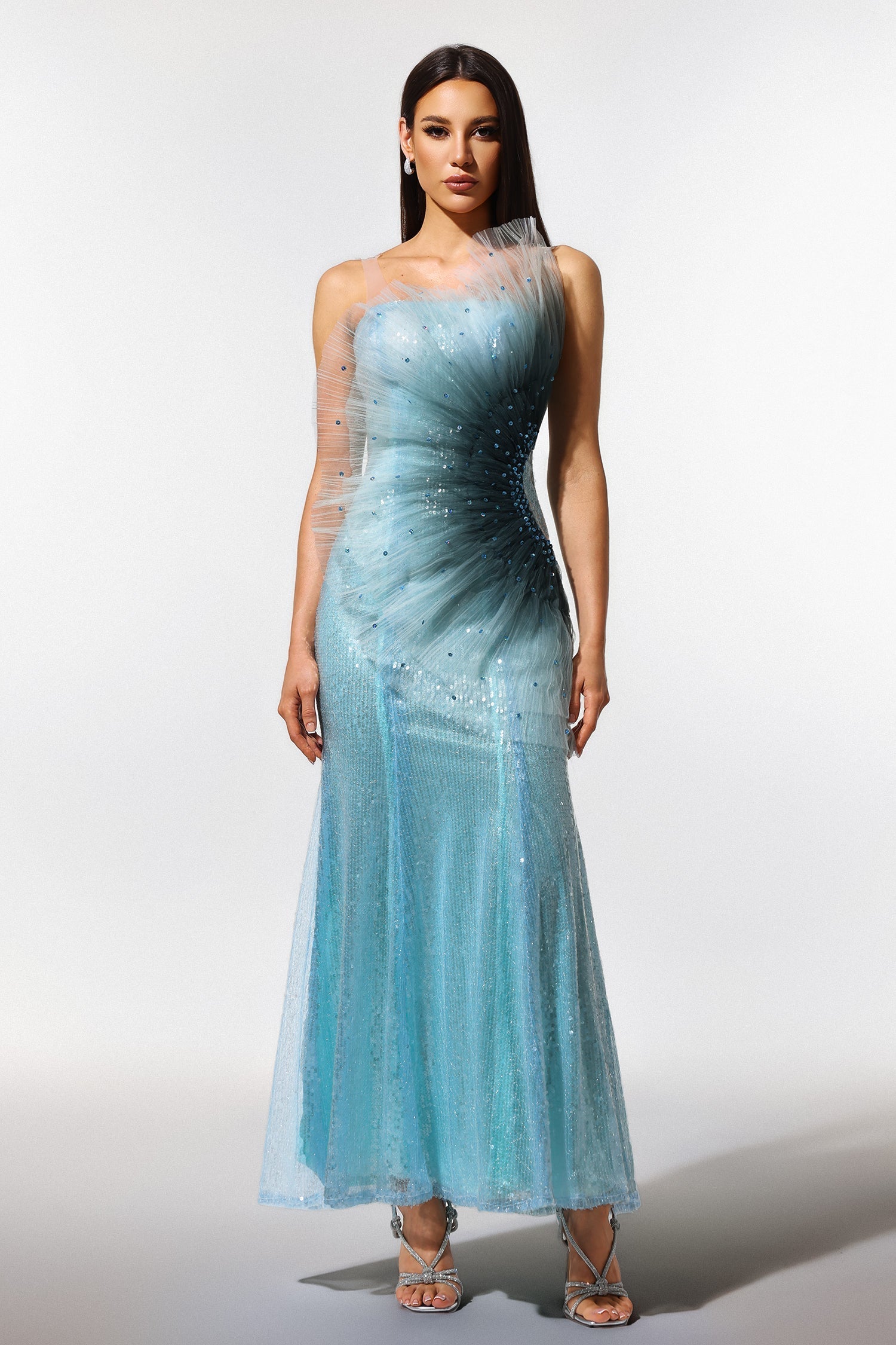 Lucy Blue Sleeveless Maxi Dress with Fish Tail Silhouette and Sequin Detailing