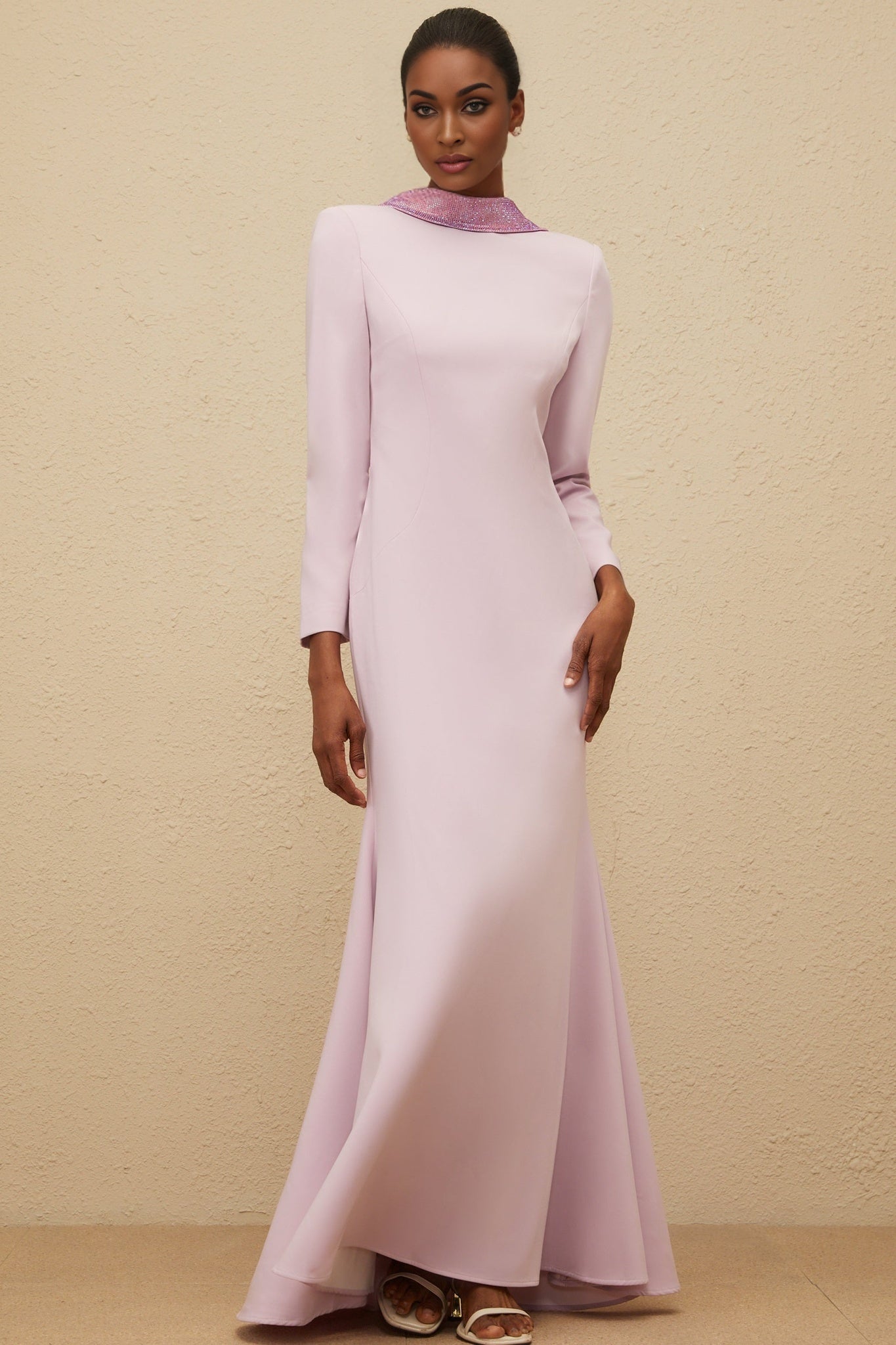 Lucy Evening Gown - Mock Neck - Open Back - Faux - Flower Detailing - Rhinestone Embellishment - Flared Hem