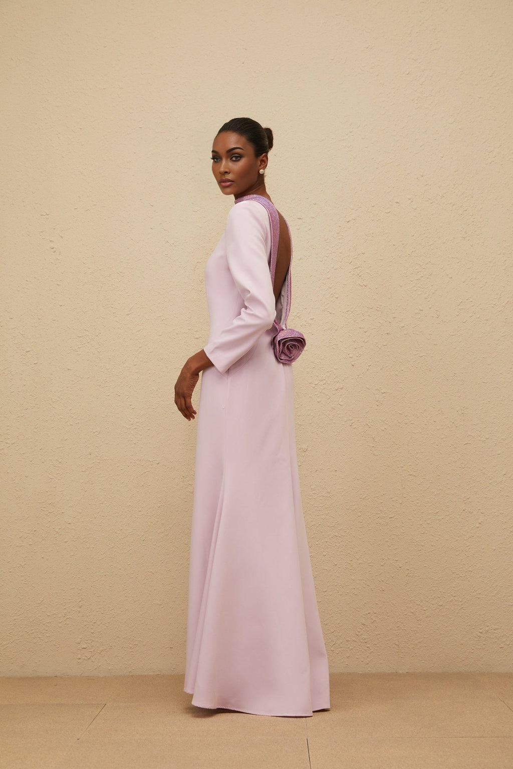 Lucy Evening Gown - Mock Neck - Open Back - Faux - Flower Detailing - Rhinestone Embellishment - Flared Hem