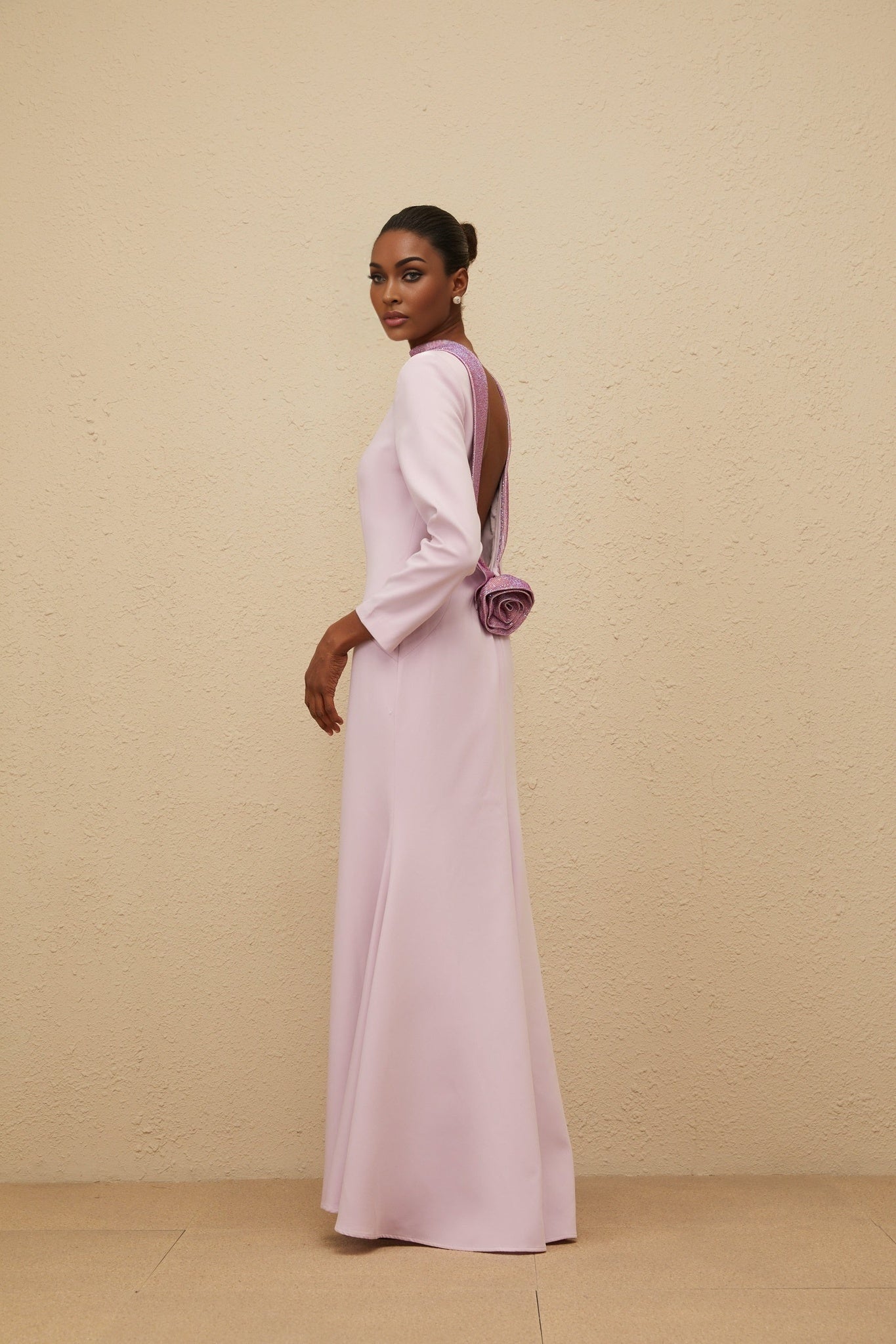 Lucy Evening Gown - Mock Neck - Open Back - Faux - Flower Detailing - Rhinestone Embellishment - Flared Hem