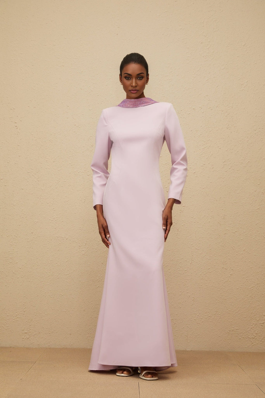 Lucy Evening Gown - Mock Neck - Open Back - Faux - Flower Detailing - Rhinestone Embellishment - Flared Hem