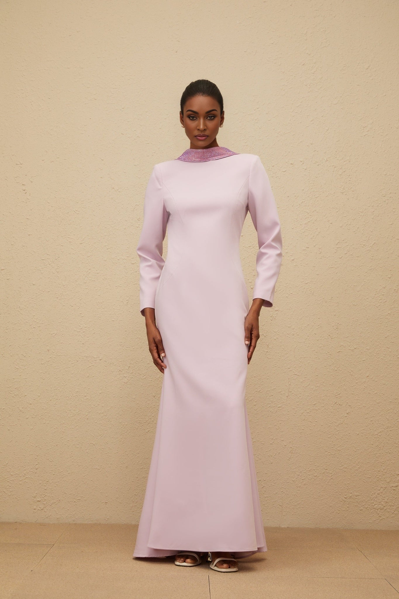 Lucy Evening Gown - Mock Neck - Open Back - Faux - Flower Detailing - Rhinestone Embellishment - Flared Hem