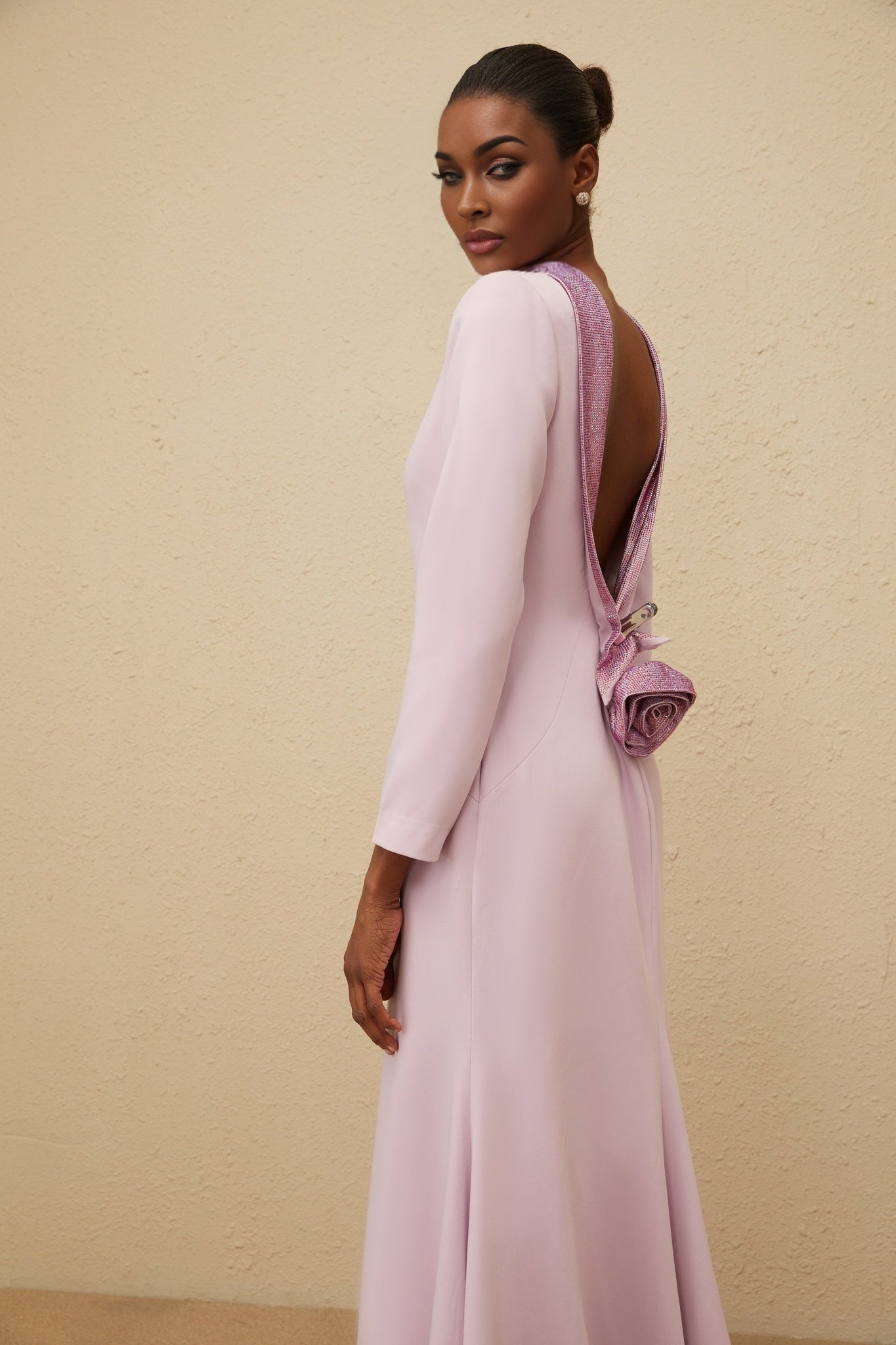 Lucy Evening Gown - Mock Neck - Open Back - Faux - Flower Detailing - Rhinestone Embellishment - Flared Hem