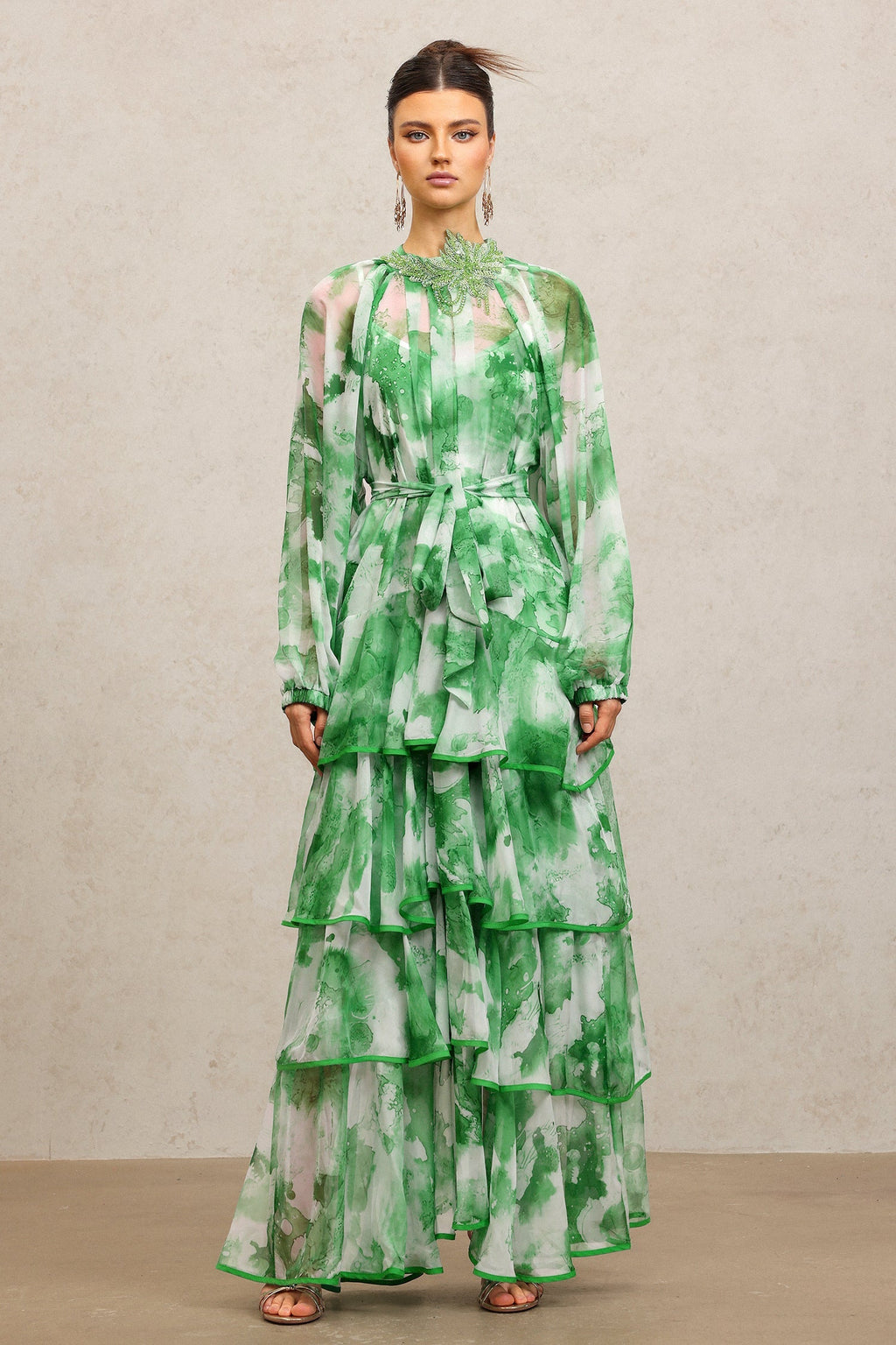 Lucy Green Floral Print Maxi Dress with Ruffles and Waist Tie
