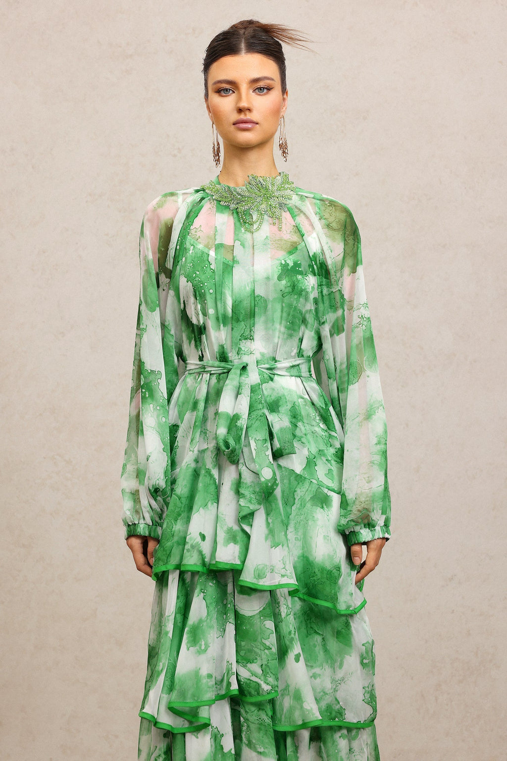 Lucy Green Floral Print Maxi Dress with Tiered Ruffles and Waist Tie
