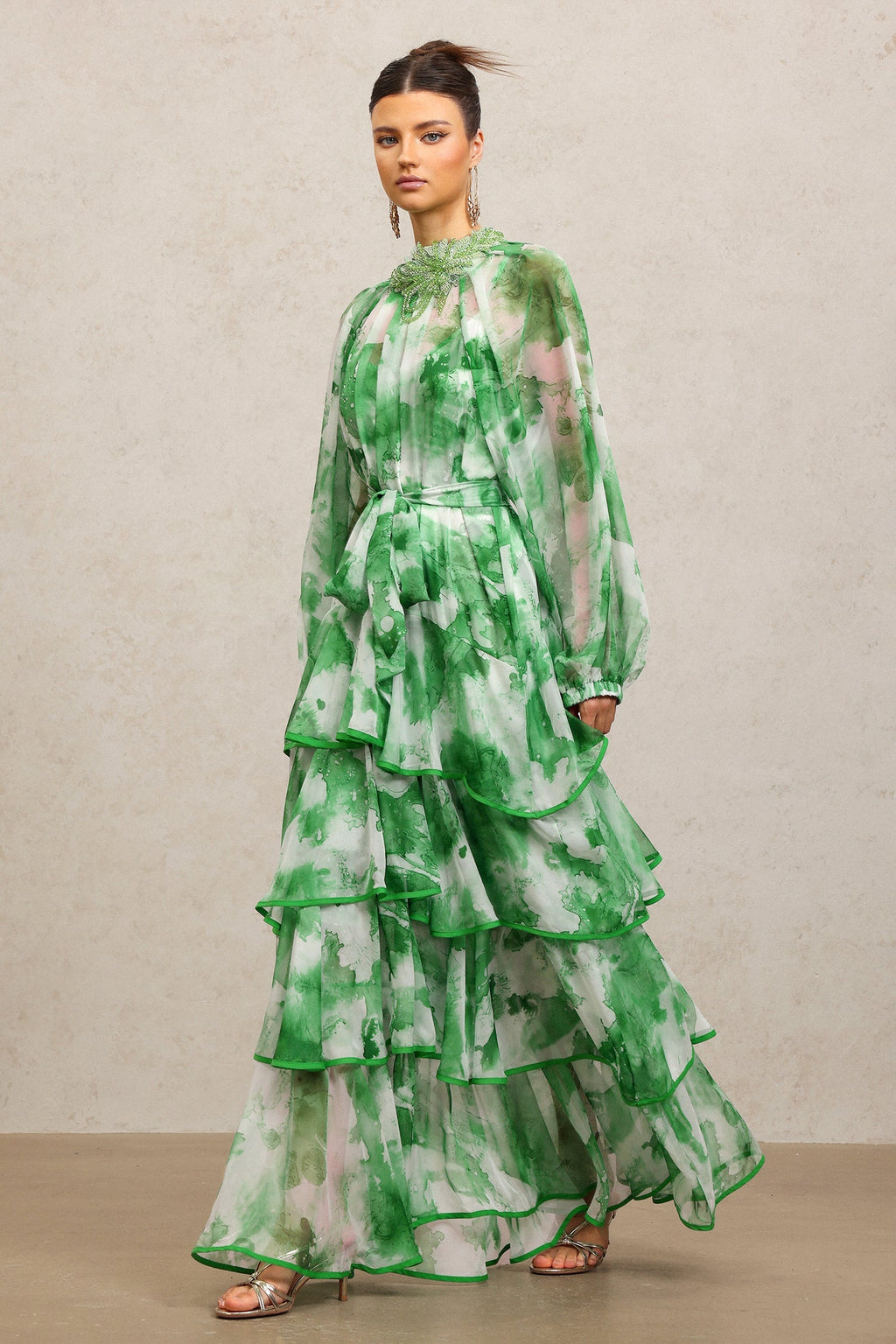 Lucy Green Floral Print Maxi Dress with Tiered Ruffles and Waist Tie