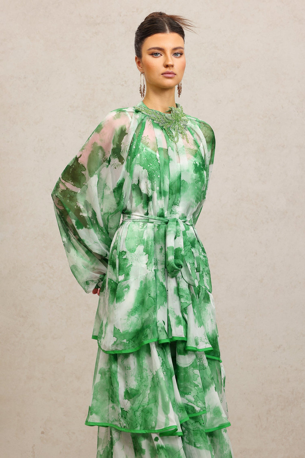 Lucy Green Floral Print Maxi Dress with Tiered Ruffles and Waist Tie