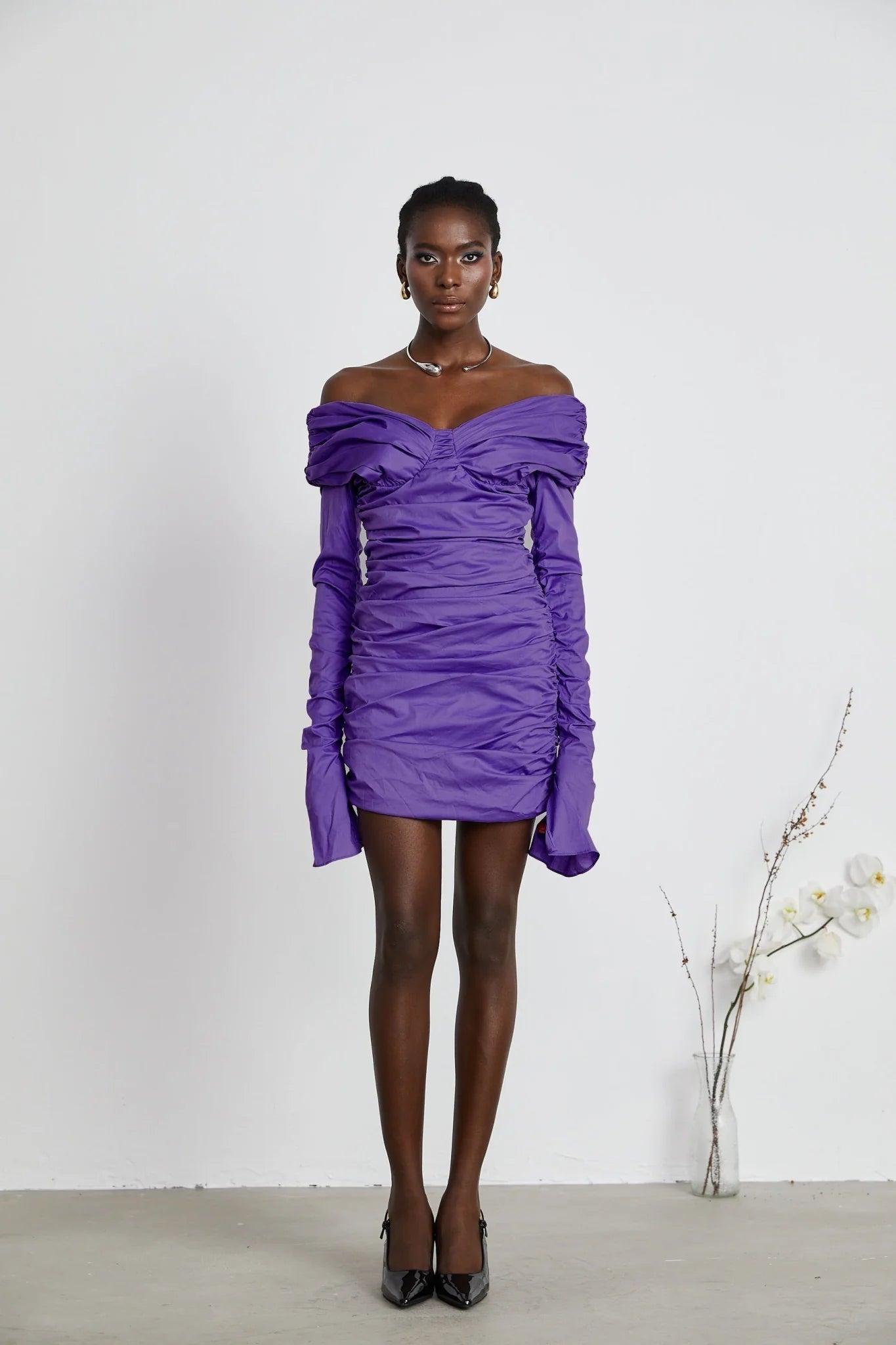 Lucy Mini Dress Ruched Off Shoulder Purple Chic Stretchy