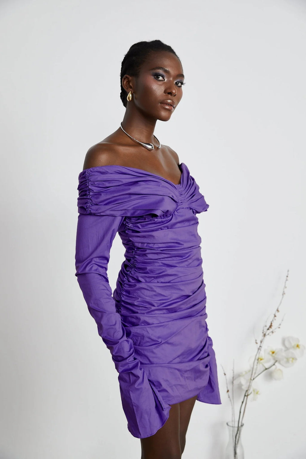 Lucy Mini Dress Ruched Off Shoulder Purple Chic Stretchy