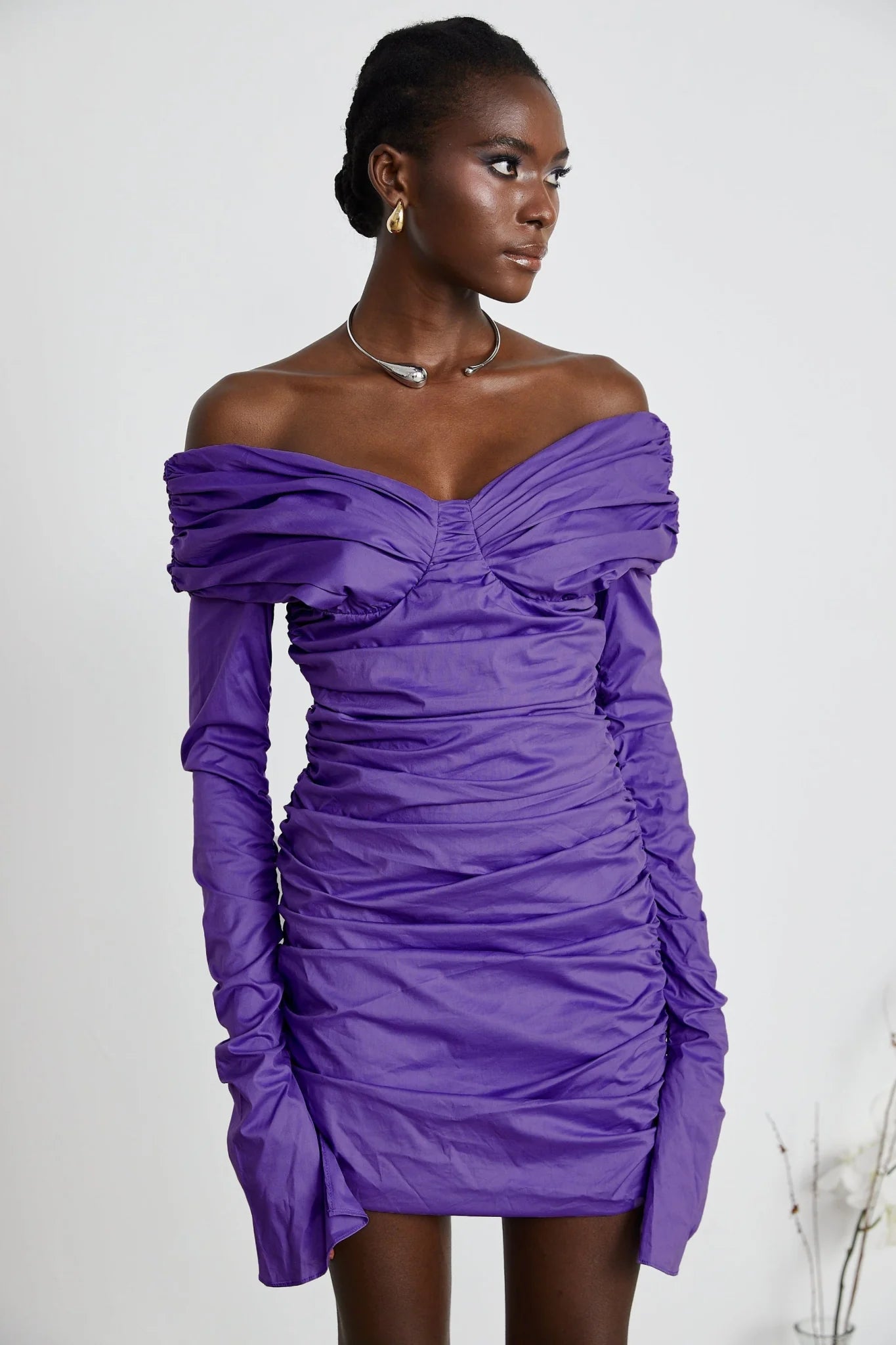 Lucy Mini Dress Ruched Off Shoulder Purple Chic Stretchy