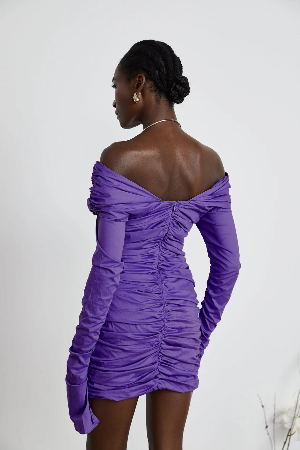 Lucy Mini Dress Ruched Off Shoulder Purple Chic Stretchy