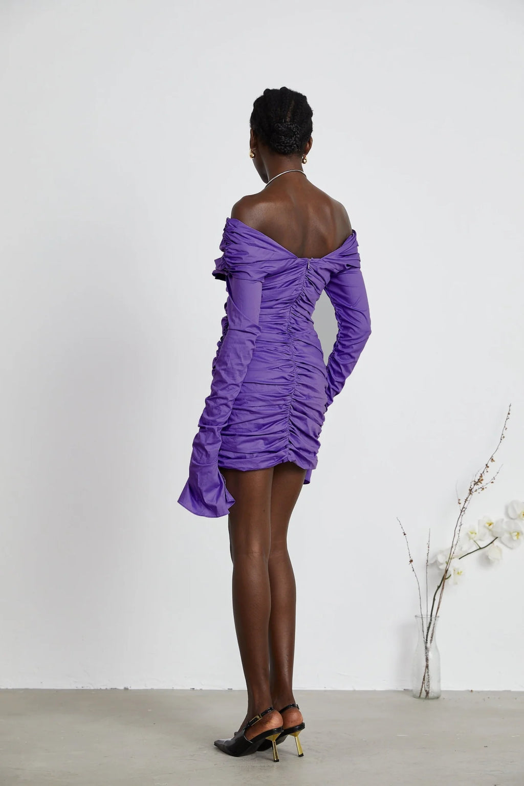 Lucy Mini Dress Ruched Off Shoulder Purple Chic Stretchy