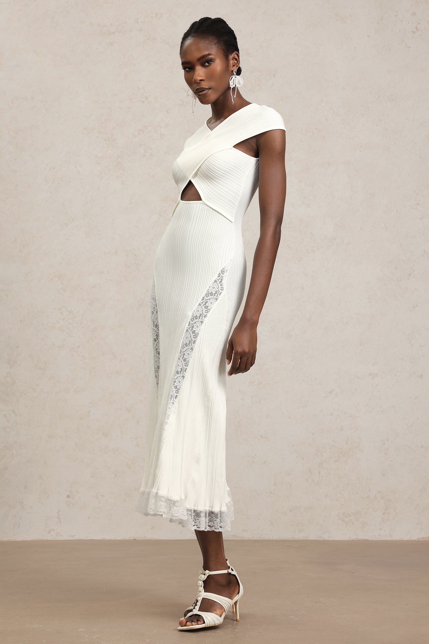 Lucy White Lace Detail Dress with Cut-Out Design and Crossed Neckline for Women