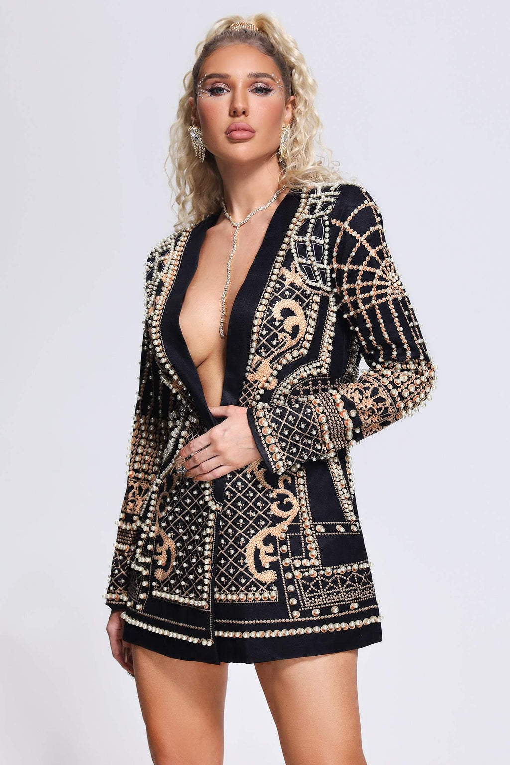 Ludovica Black Blazer Dress with Pearl Detailing and Plunging Neckline for Parties and Events