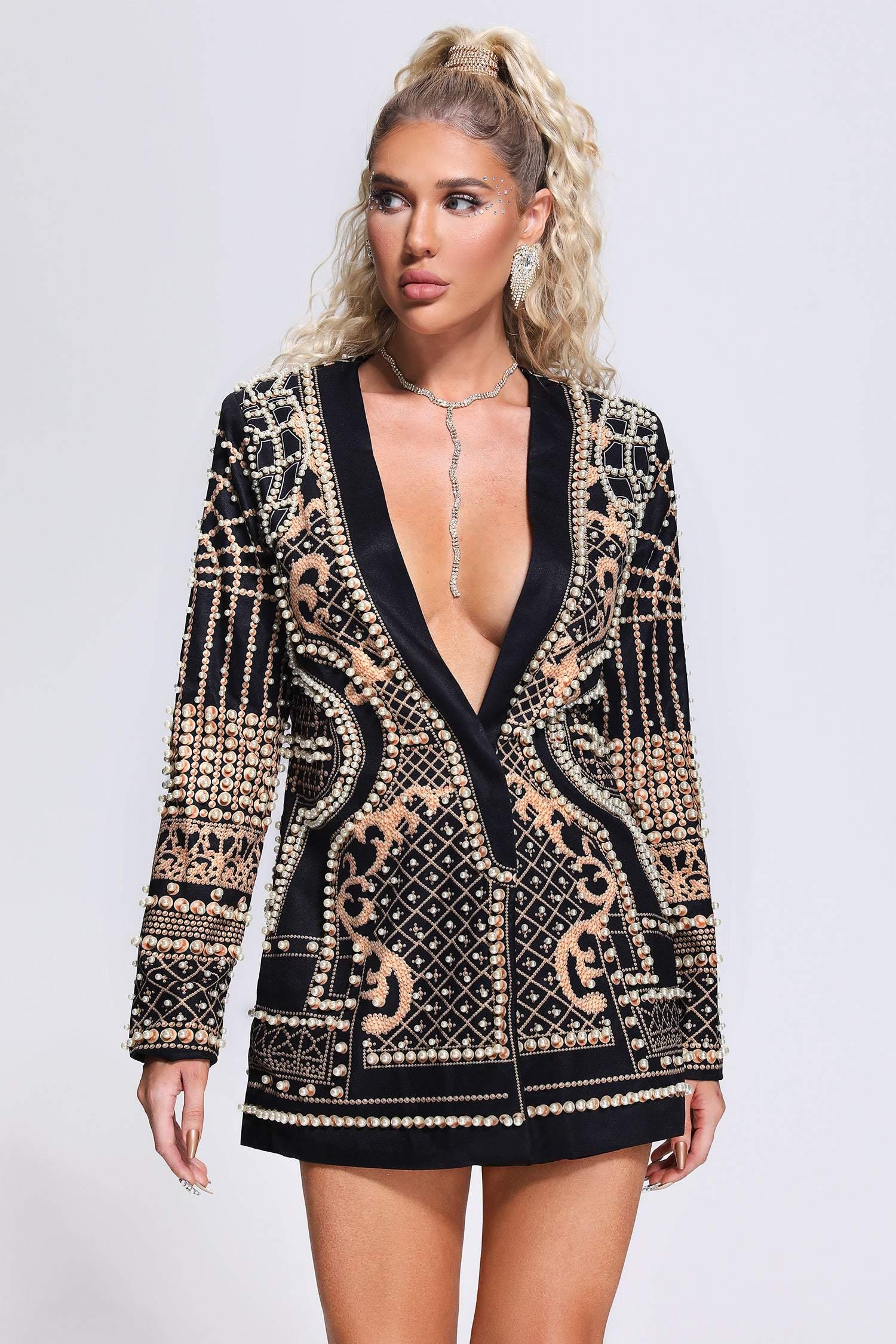 Ludovica Black Pearl Detail Blazer Dress for Parties and Evening Events