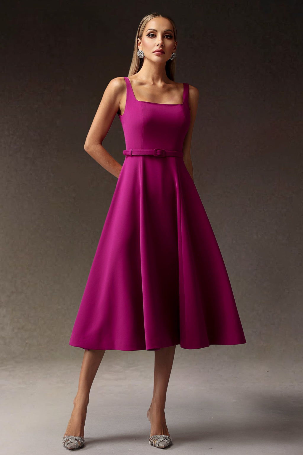 Ludovica Fuchsia Maxi Dress with Square-Cut Neckline and Belt for Women