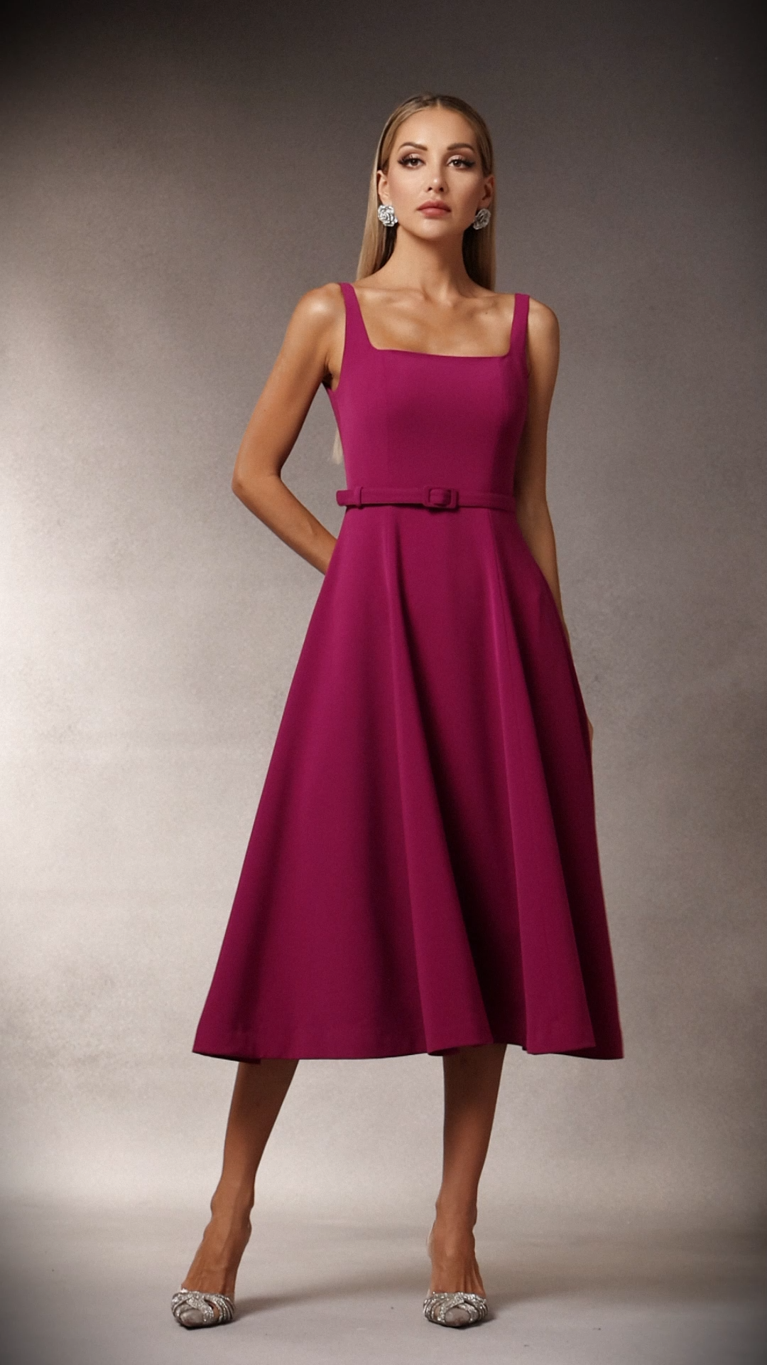 Ludovica Fuchsia Maxi Dress with Square-Cut Neckline and Belt for Women