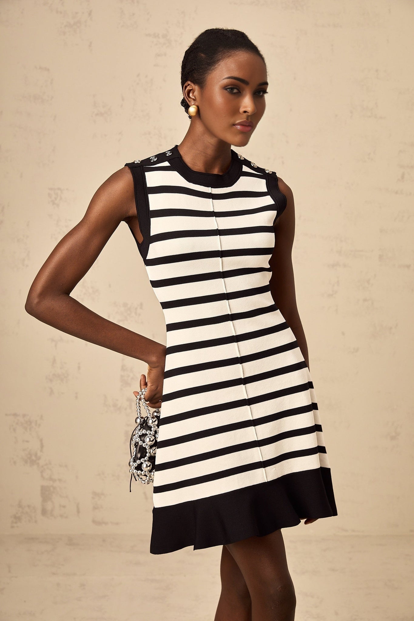 Ludovica Mini Dress Black White Striped Knit Ruffled Hem