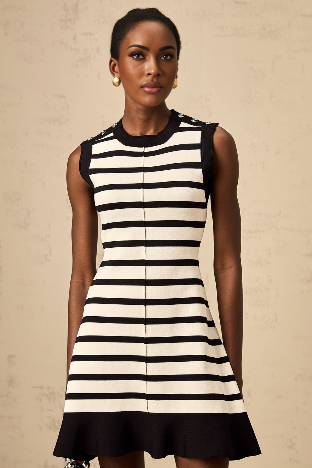 Ludovica Mini Dress Black White Striped Knit Ruffled Hem