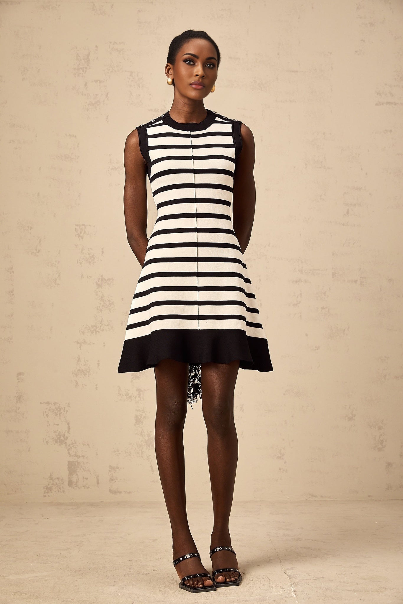 Ludovica Mini Dress Black White Striped Knit Ruffled Hem