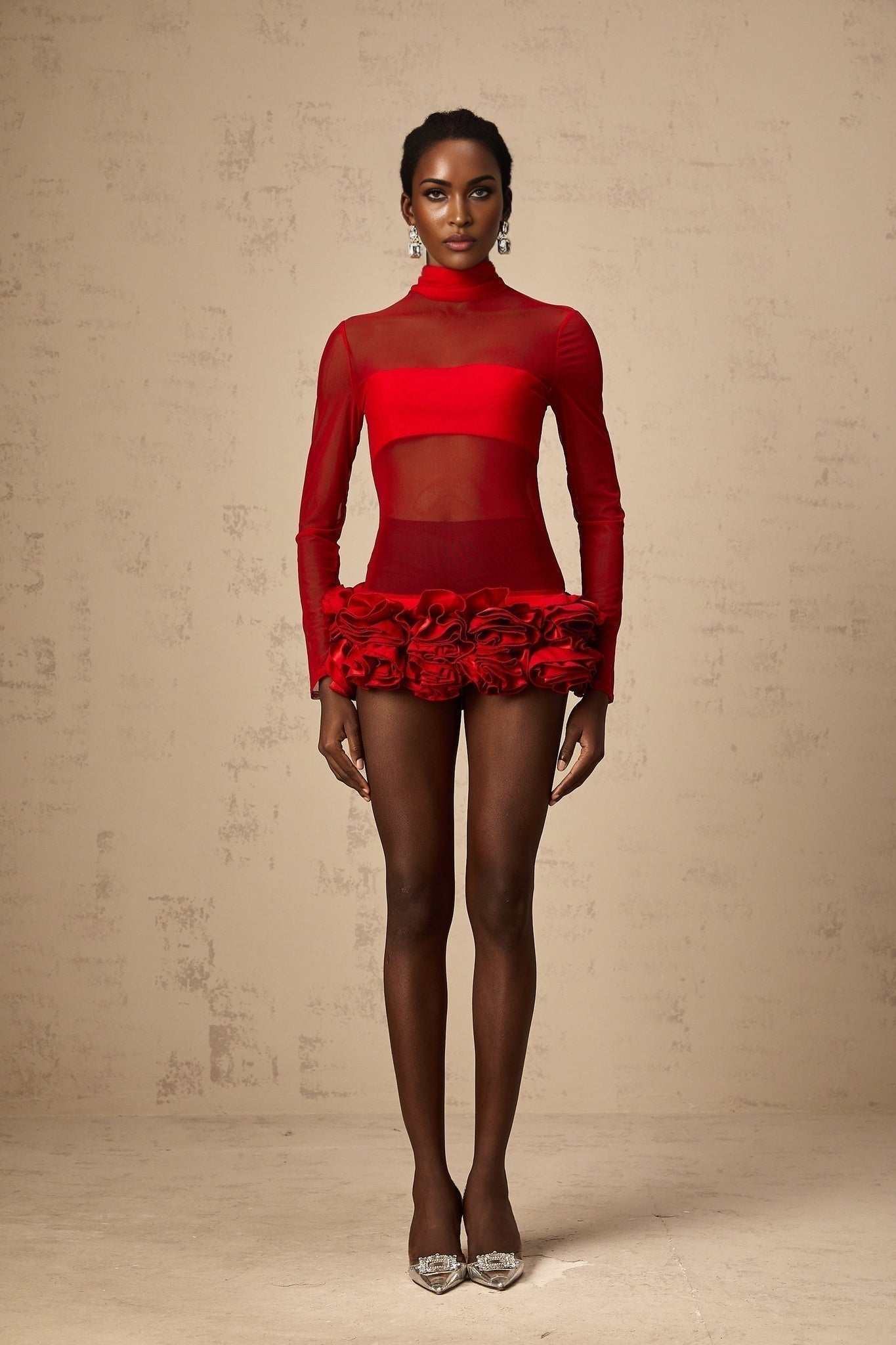 Ludovica Mini Dress - Mock Neck - Long Sleeves - Semi - Sheer Tulle Design - 3D Petal Detailing