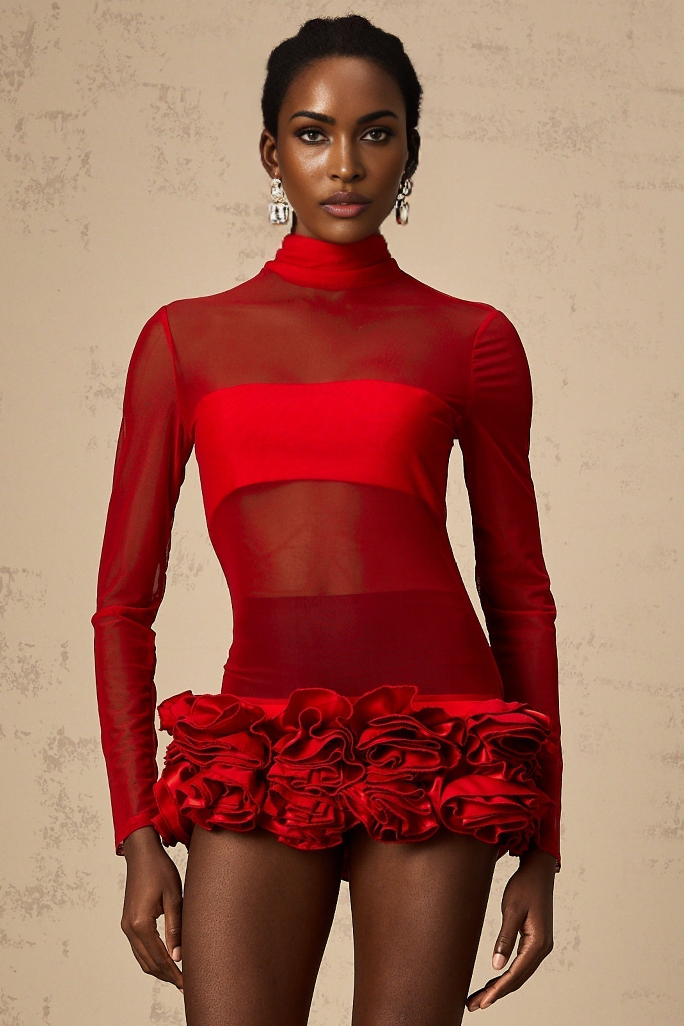 Ludovica Mini Dress Red Sheer Tulle 3D Petal Bouquet