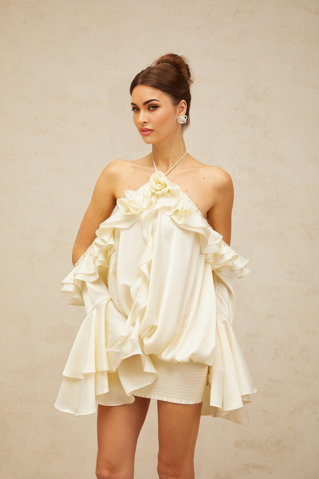 Ludovica Mini Dress with Halterneck and Ruffled Detailing
