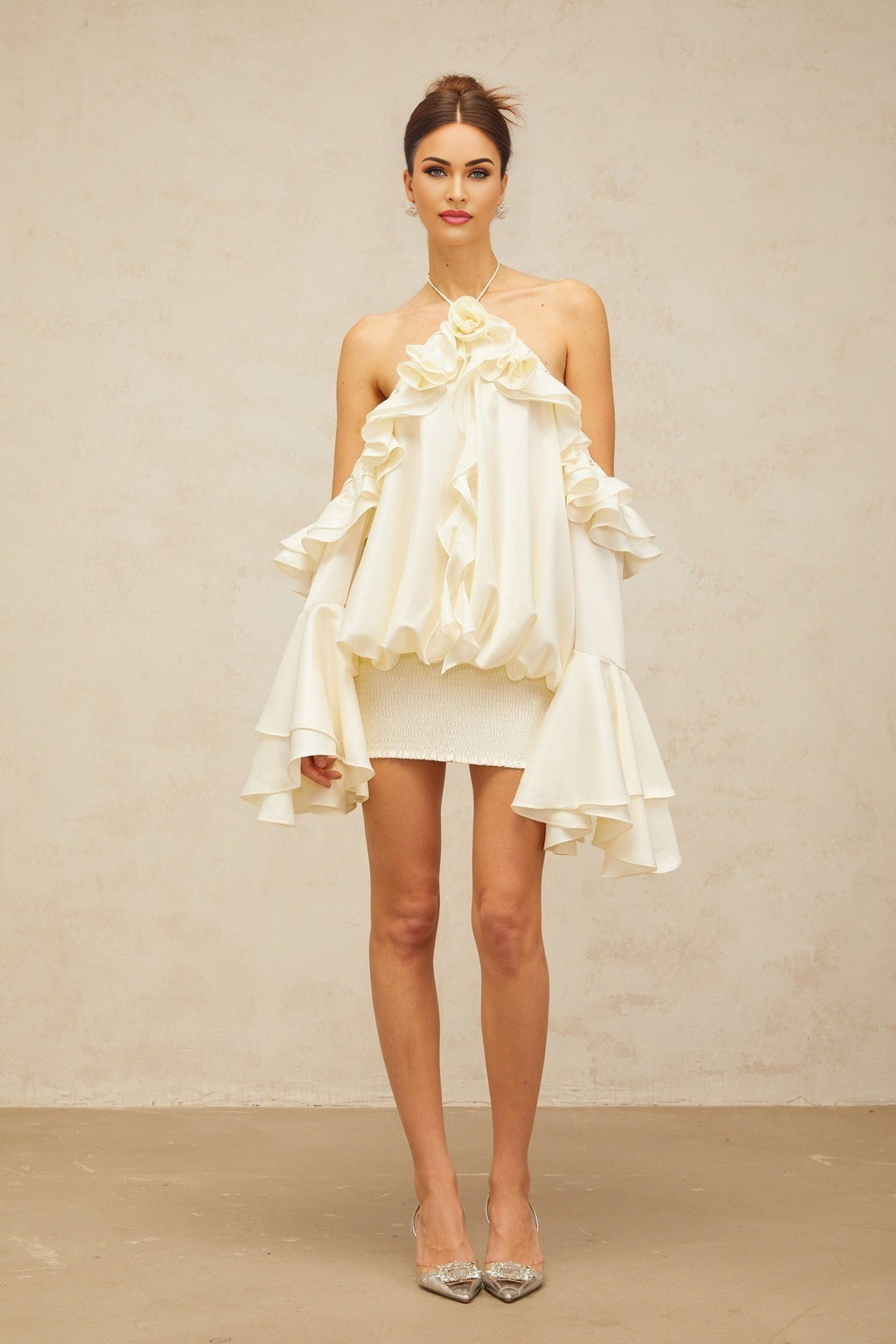 Ludovica Mini Dress with Halterneck and Ruffled Detailing