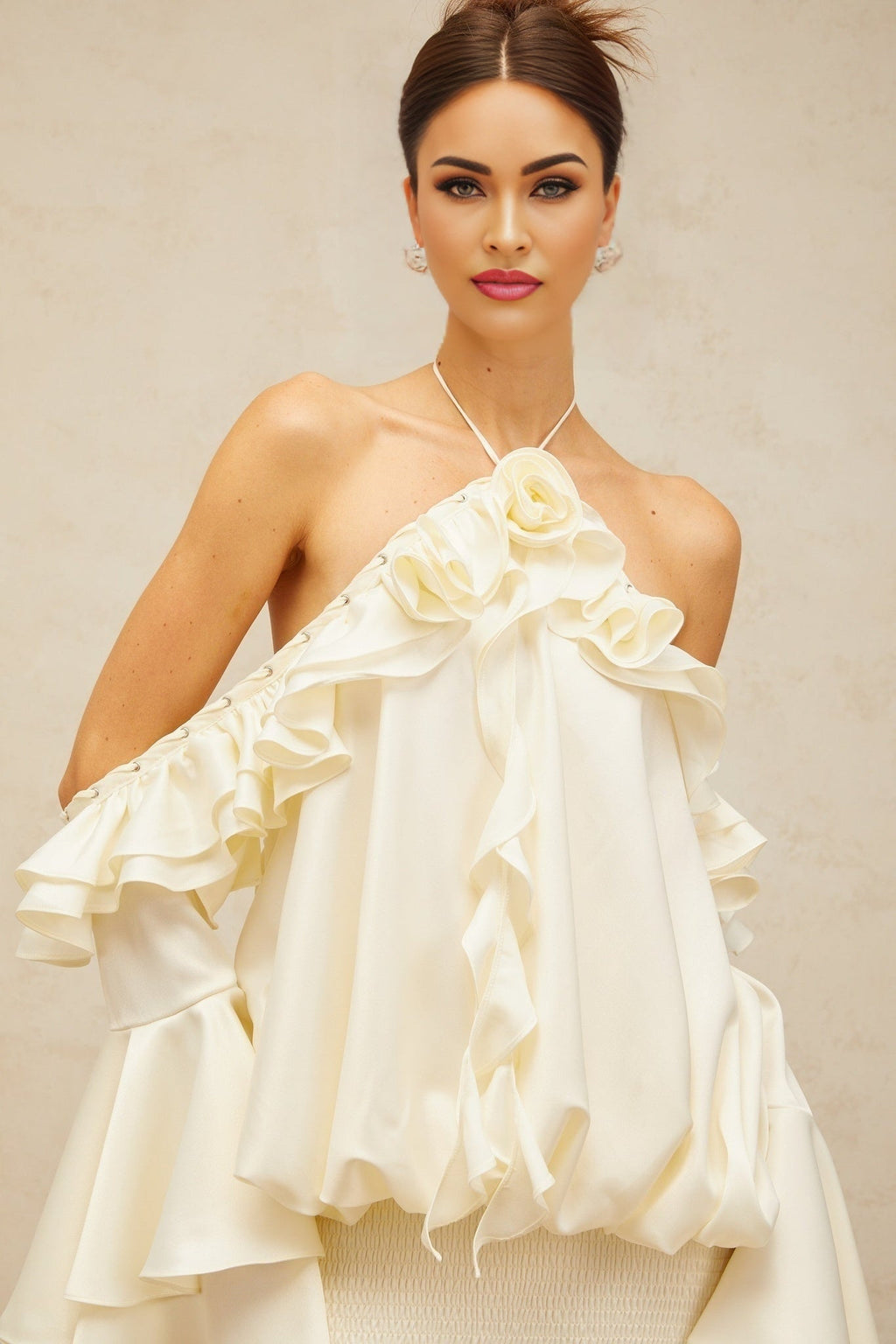 Ludovica Mini Dress with Halterneck and Ruffled Detailing