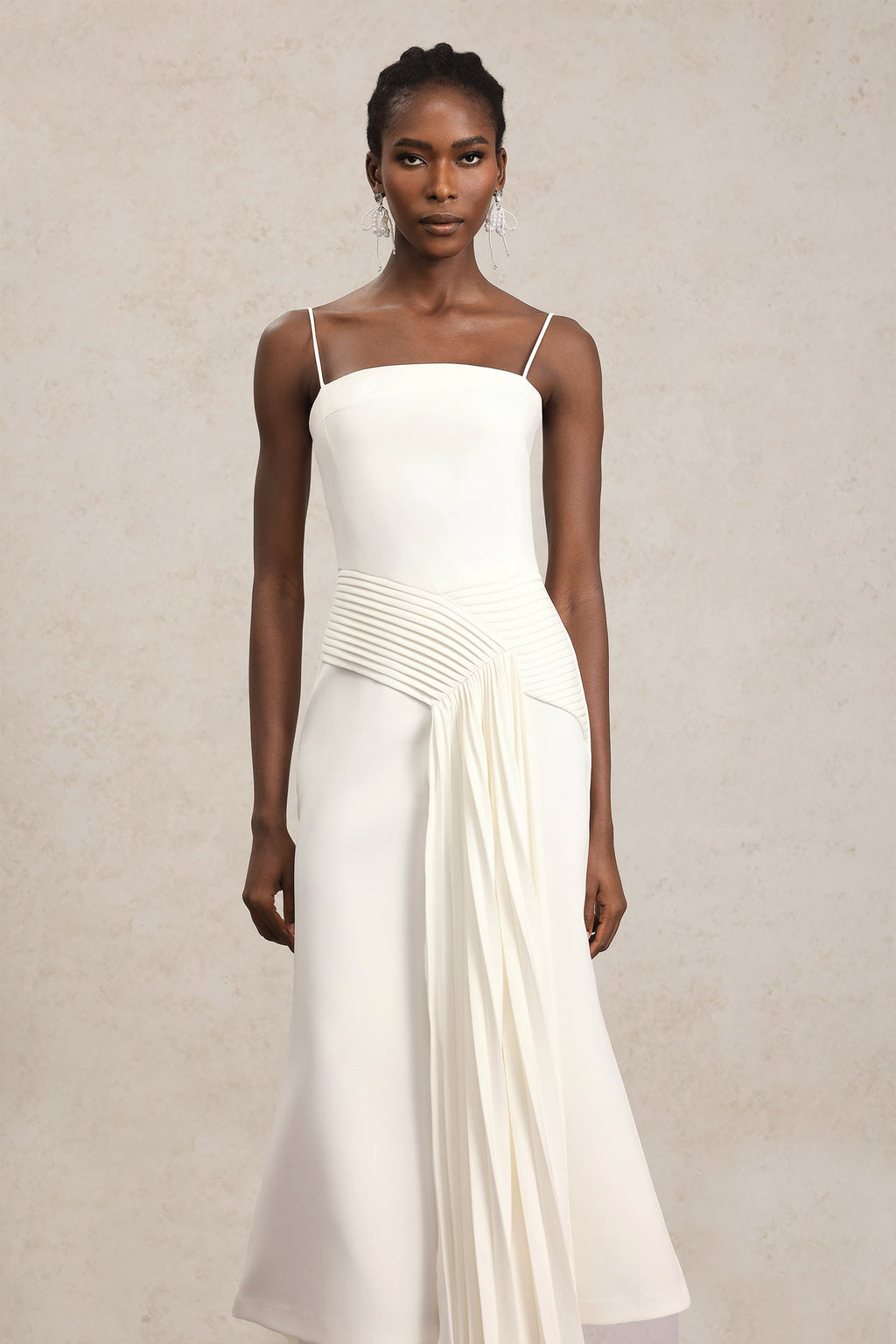Ludovica White Maxi Dress with Halter Neckline and Pleated Detailing