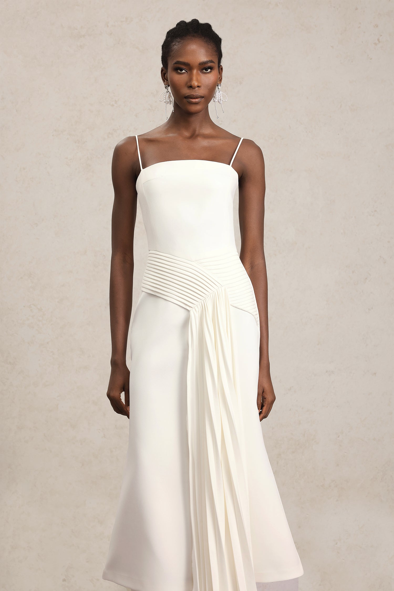 Ludovica White Maxi Dress with Halter Neckline and Pleated Detailing