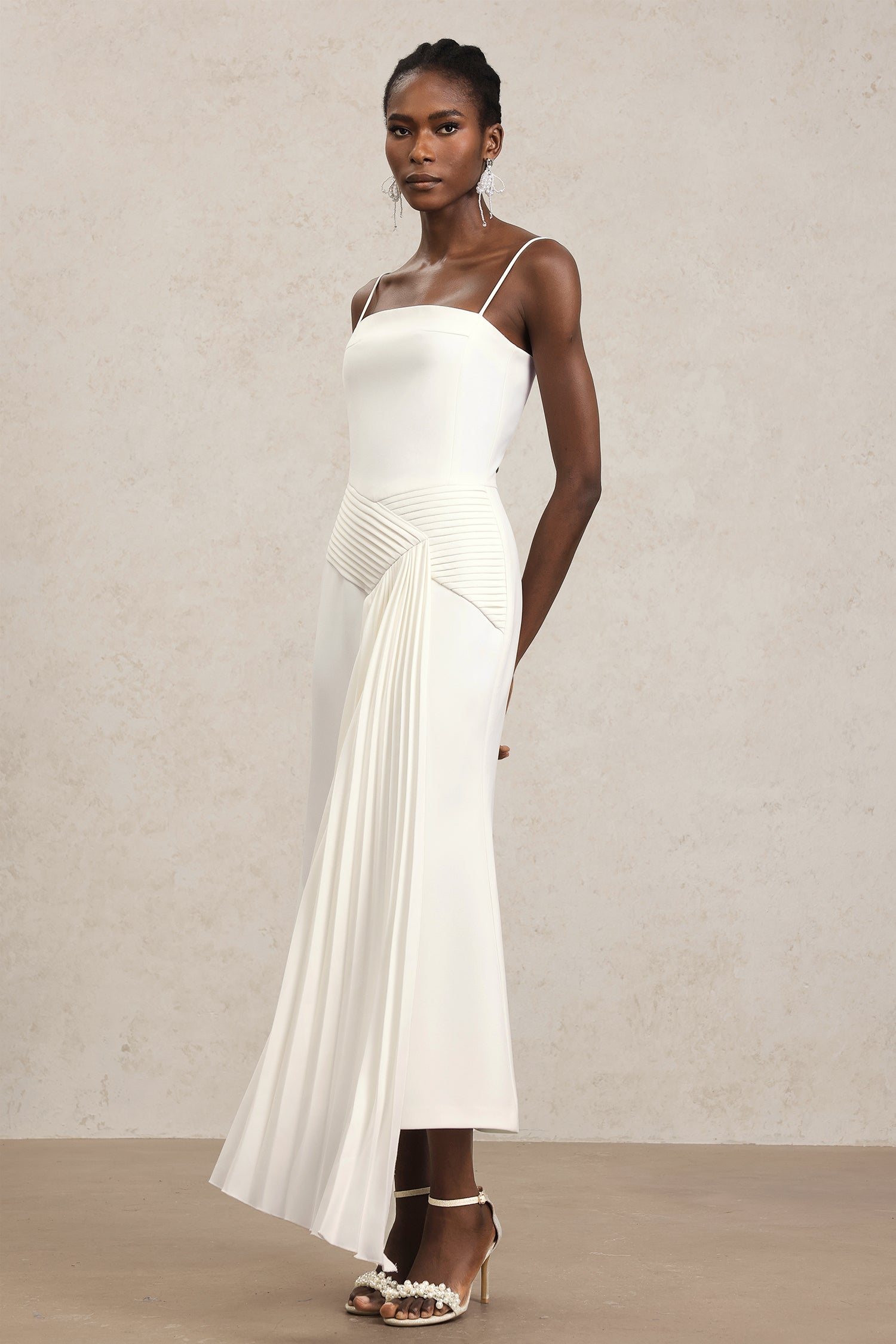 Ludovica White Maxi Dress Halter Neckline Soft Pleats Elegant
