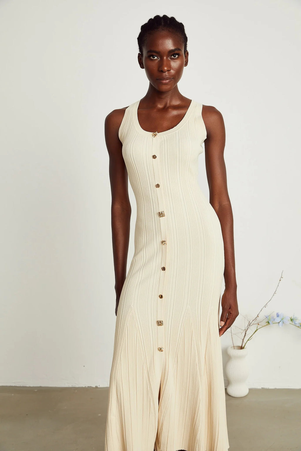 Luigia Midi Dress Flared Hem U Neck Sleeveless Stretch Stretch Jersey
