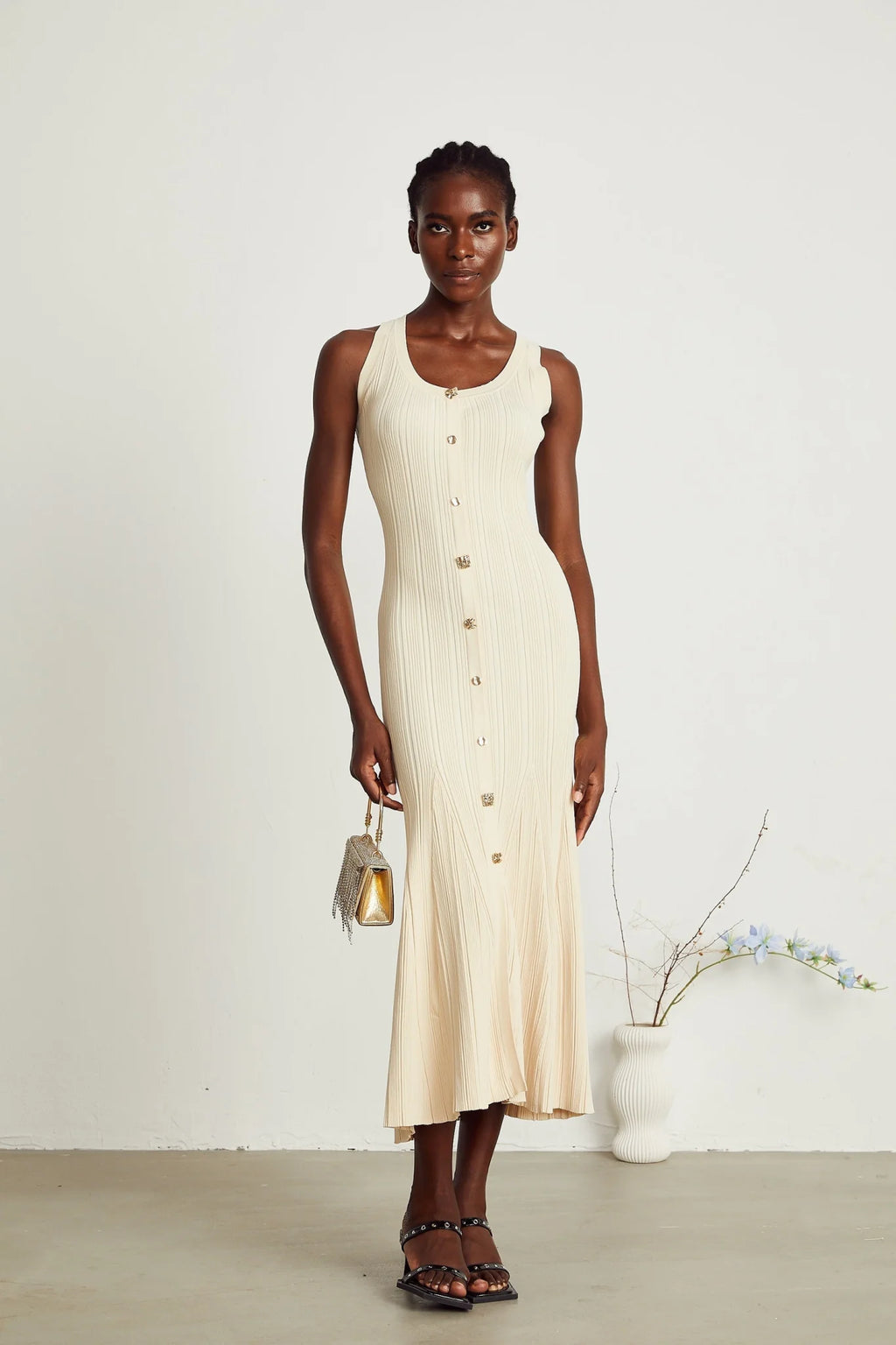 Luigia Midi Dress Flared Hem U Neck Sleeveless Stretch Stretch Jersey