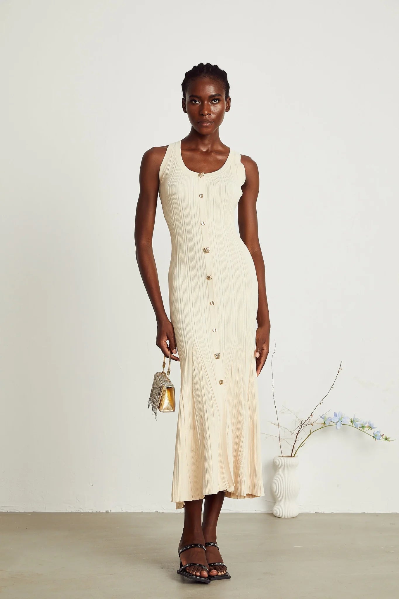 Luigia Midi Dress Flared Hem U Neck Sleeveless Stretch Stretch Jersey