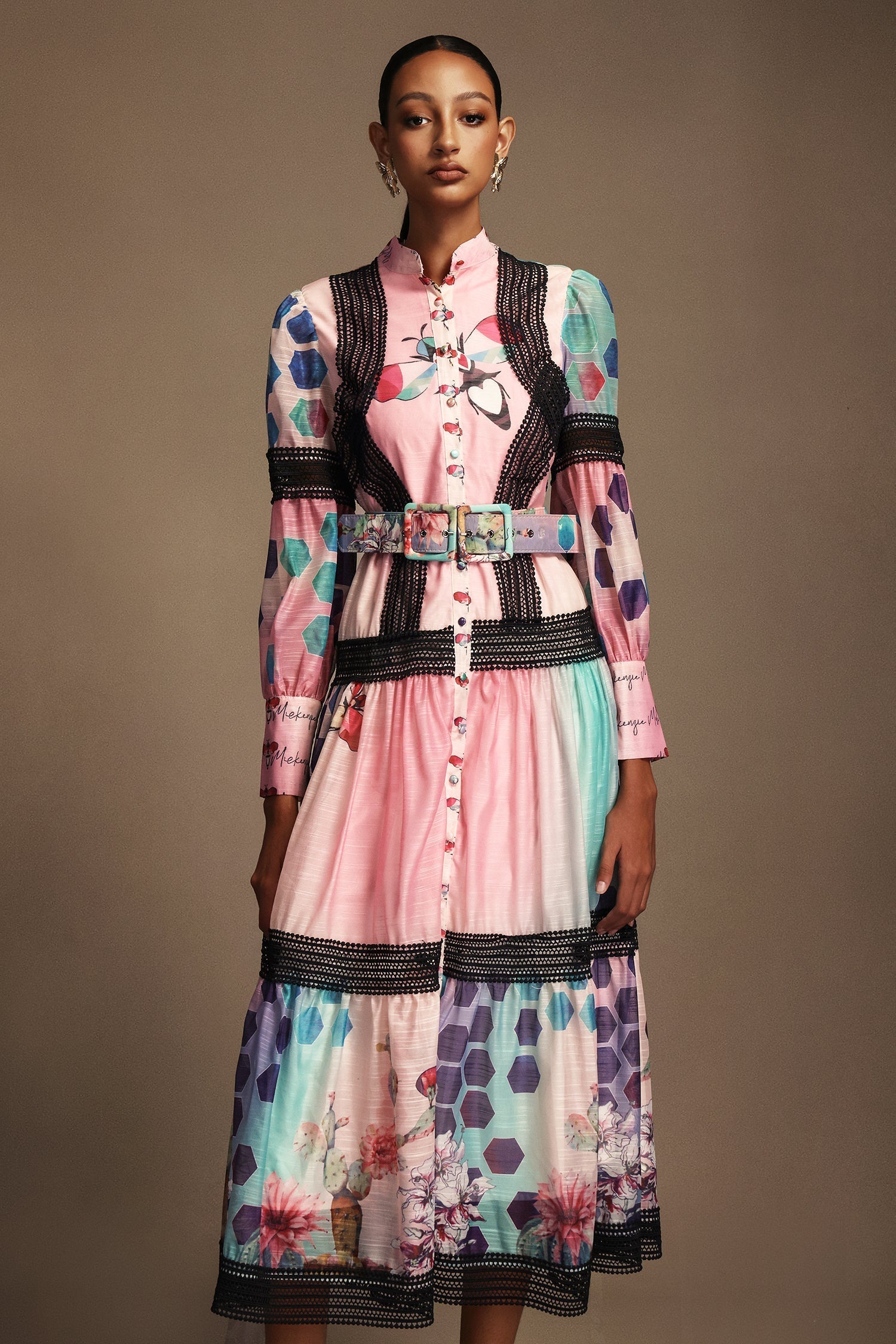 Luigia Pink Floral Maxi Dress with Button-Up Neckline and Belt