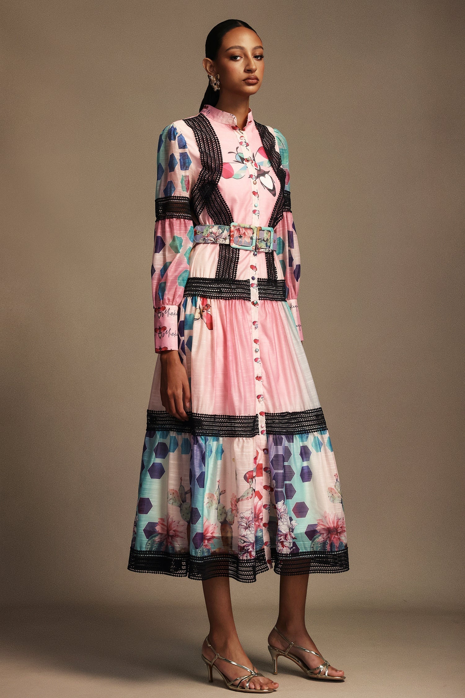 Luigia Pink Floral Maxi Dress with Button-Up Neckline and Belt