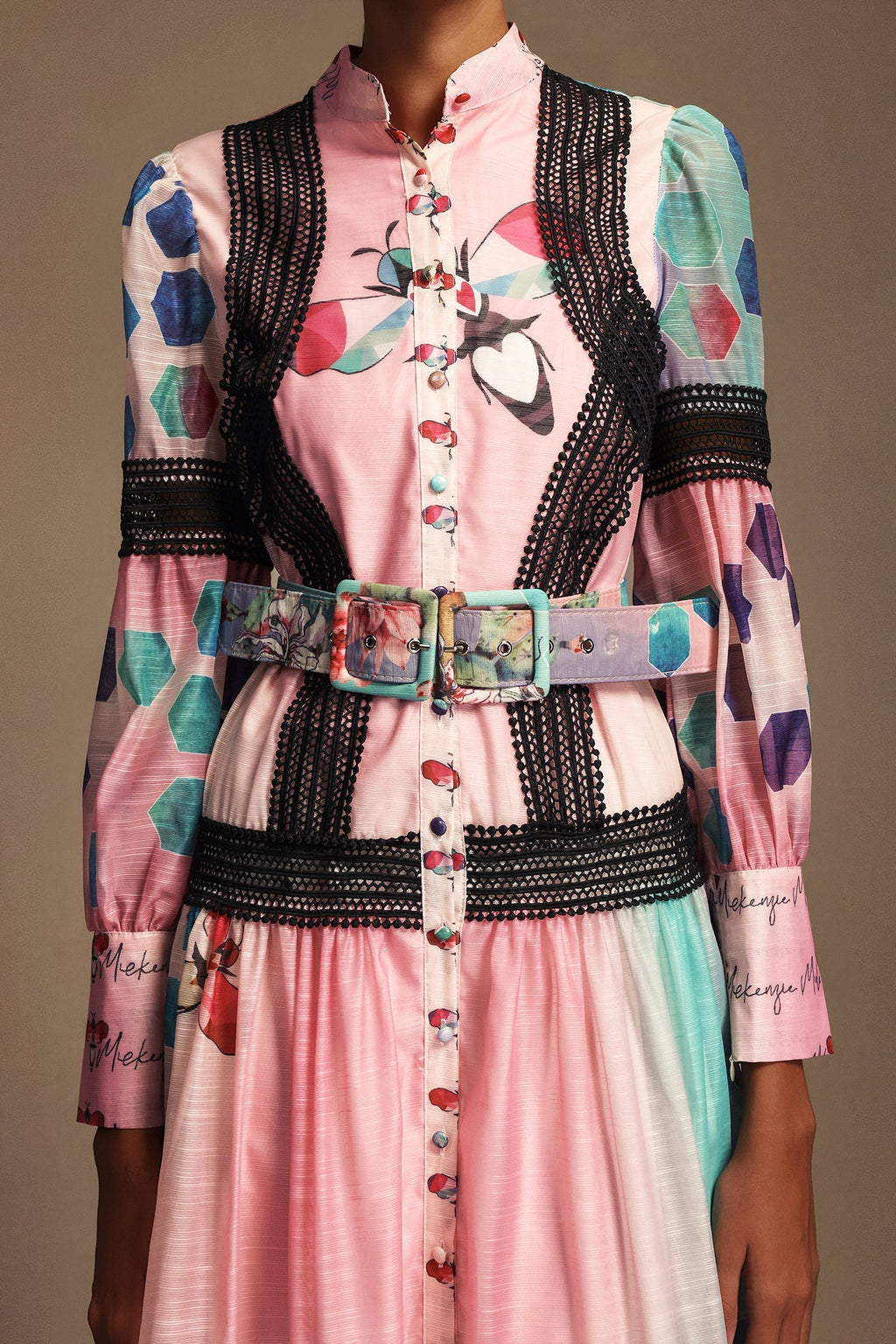 Luigia Pink Floral Maxi Dress with Button-Up Neckline and Belt