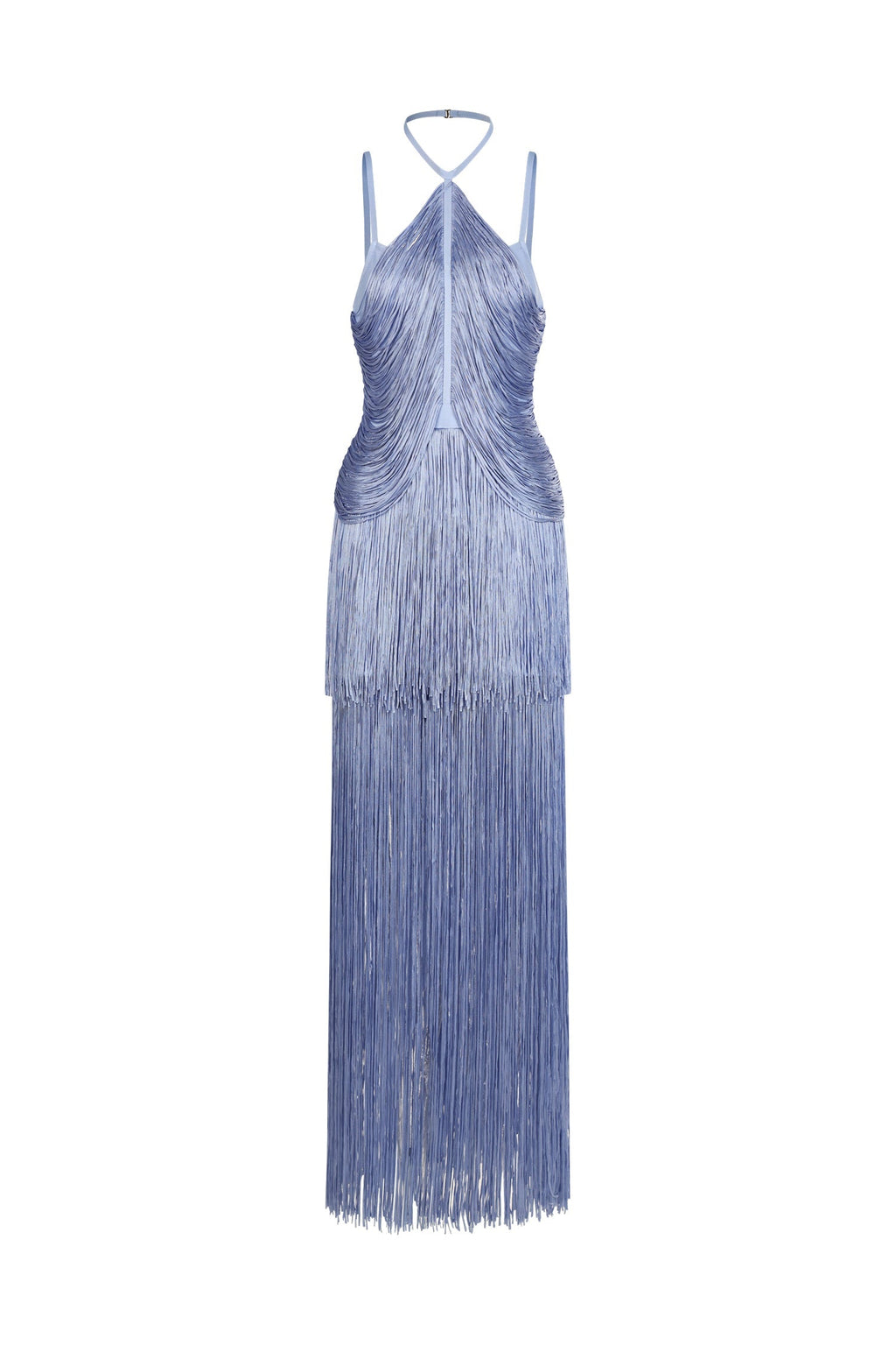 Luigia Purple Fringe Maxi Dress Halter Neckline Special Occasion Side Slit Elegant Sophisticated Glamorous Chic Party Modern Woman Style Comfort