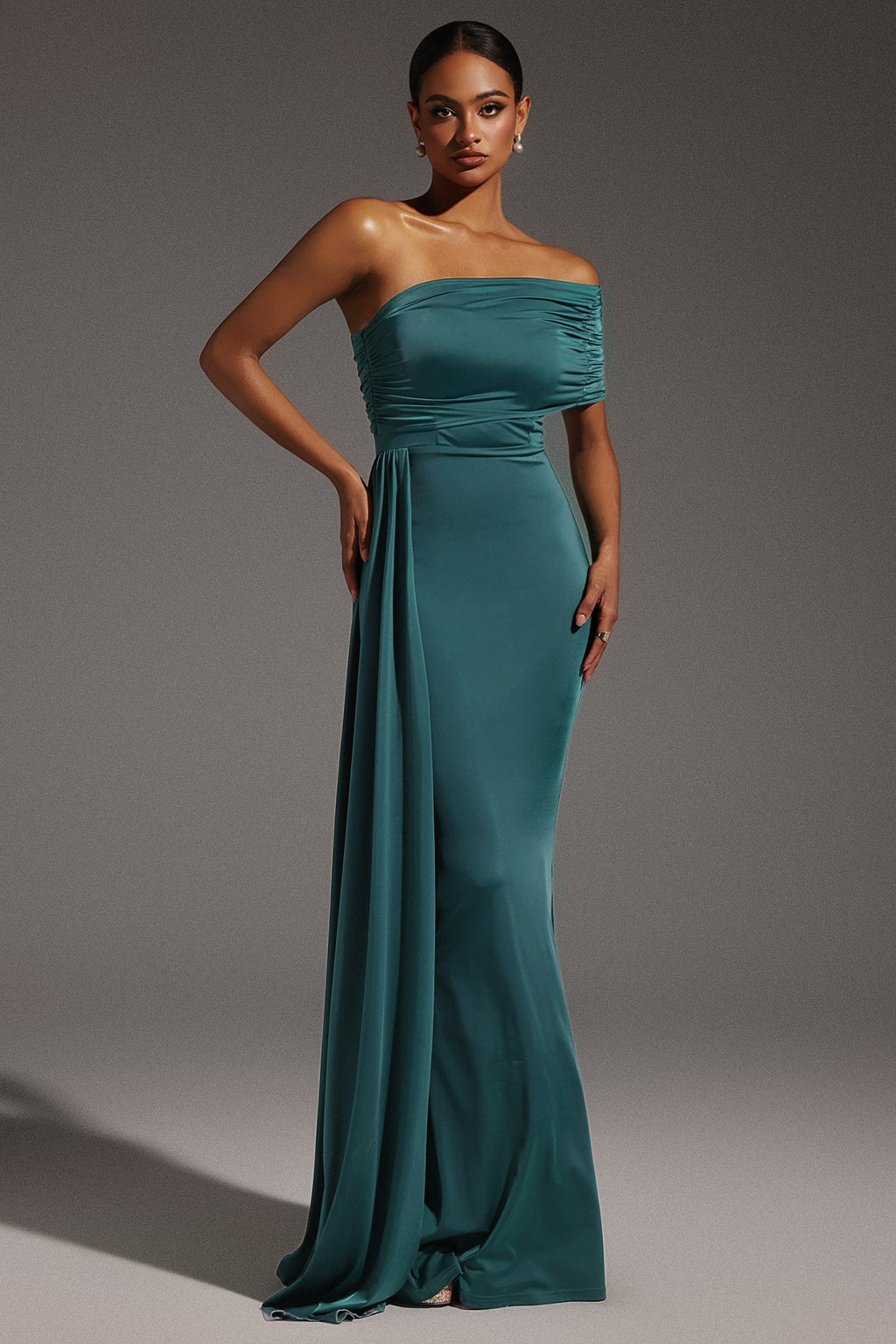 Luigia Teal One-Shoulder Maxi Dress Ruched Detailing Elegant Special Occasion Evening Events