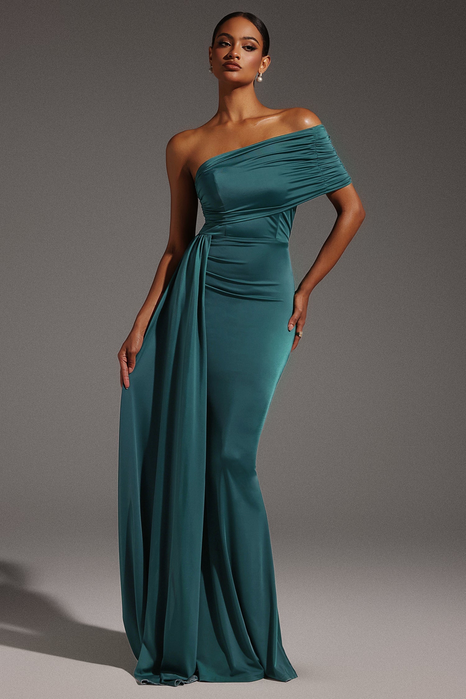 Luigia Teal One Shoulder Maxi Dress Ruched Detailing Elegant Special Occasion Evening Event Sophisticated