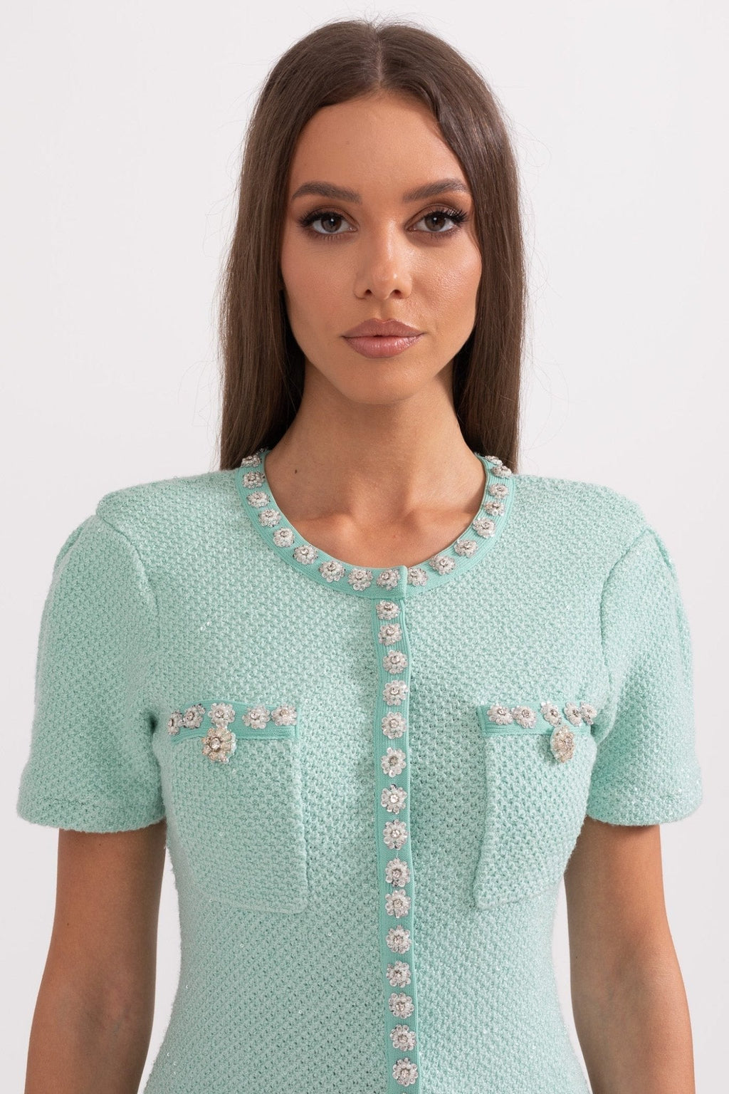 Luisa Dress - Tailored Fit With Flared Skirt - Classic and Sophisticated Style - Textured Fabric - Decorative Buttons