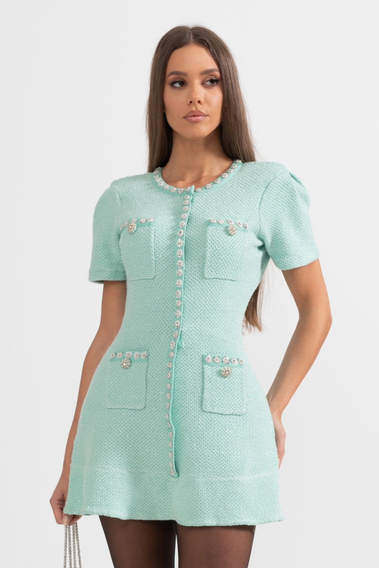 Luisa Dress - Tailored Fit With Flared Skirt - Classic and Sophisticated Style - Textured Fabric - Decorative Buttons